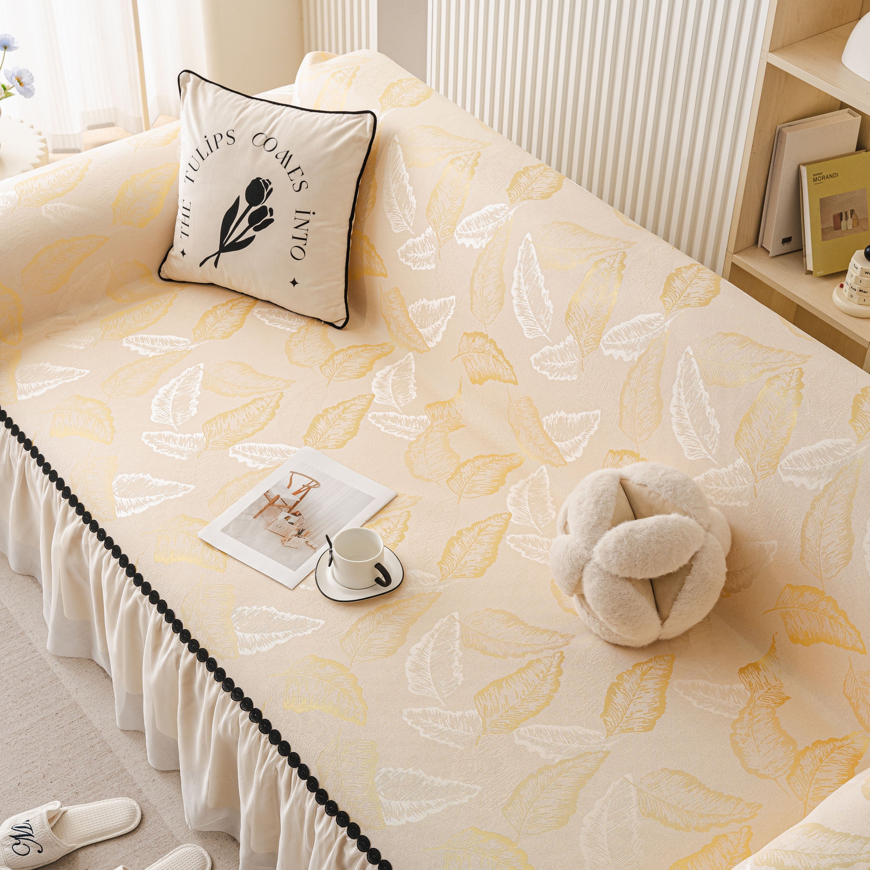 Leaf Jacquard Sofa Cover with Ruffle Skirt – Non-Slip Couch Protector with Sheer Hem - Image 64