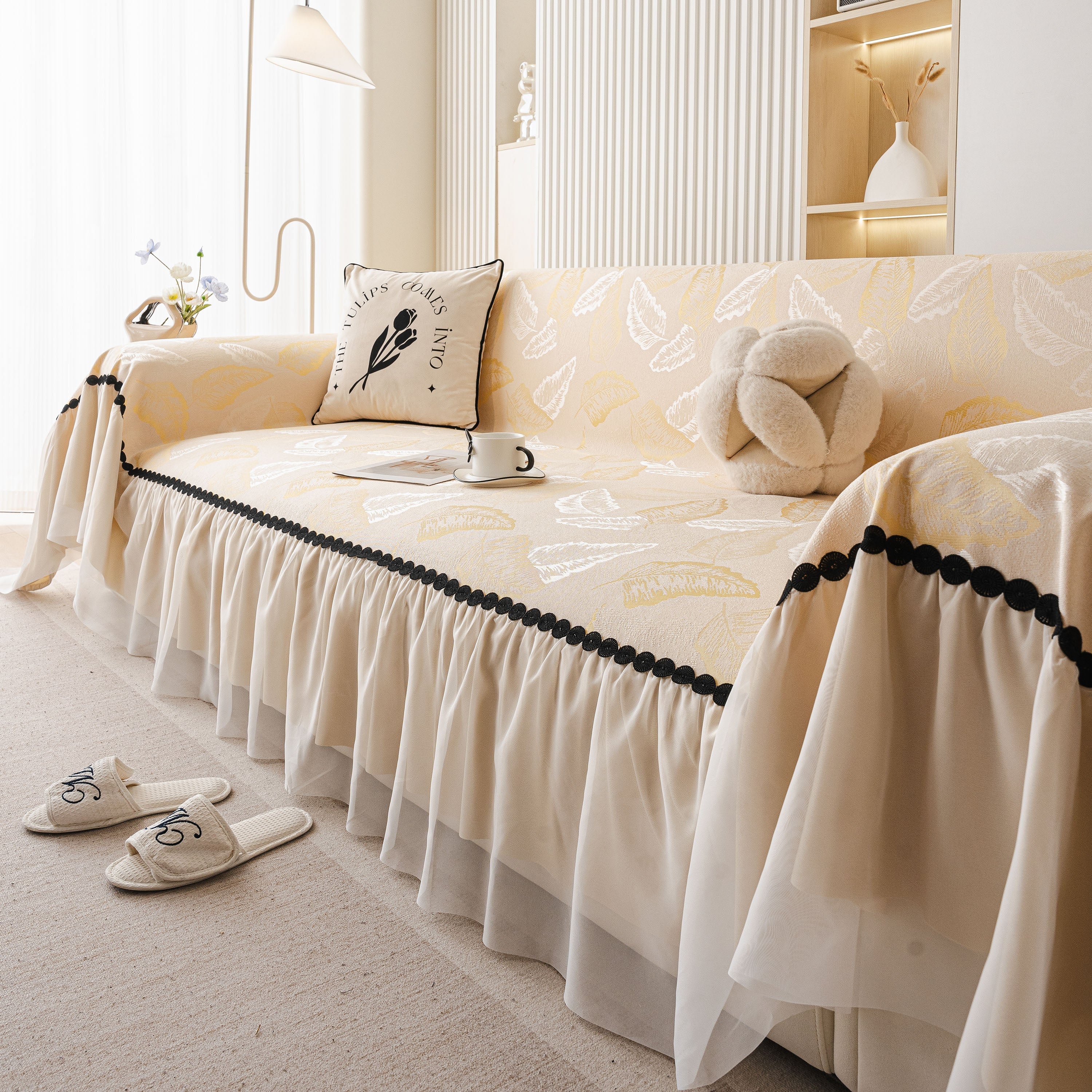 Leaf Jacquard Sofa Cover with Ruffle Skirt – Non-Slip Couch Protector with Sheer Hem - Image 65