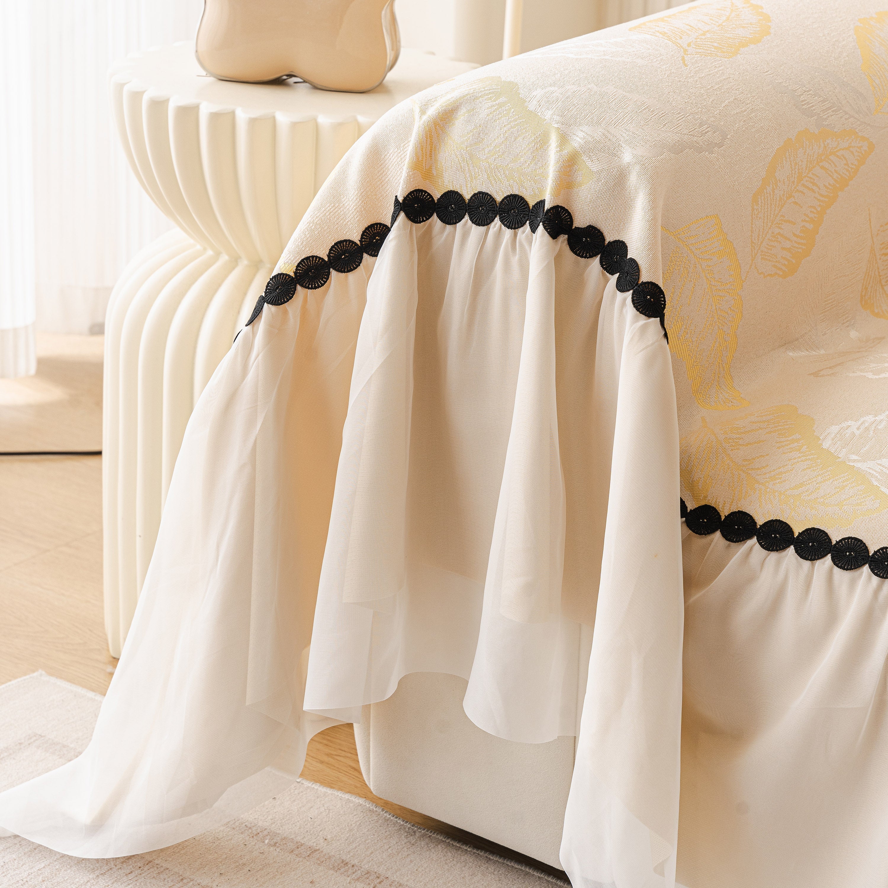 Leaf Jacquard Sofa Cover with Ruffle Skirt – Non-Slip Couch Protector with Sheer Hem - Image 67