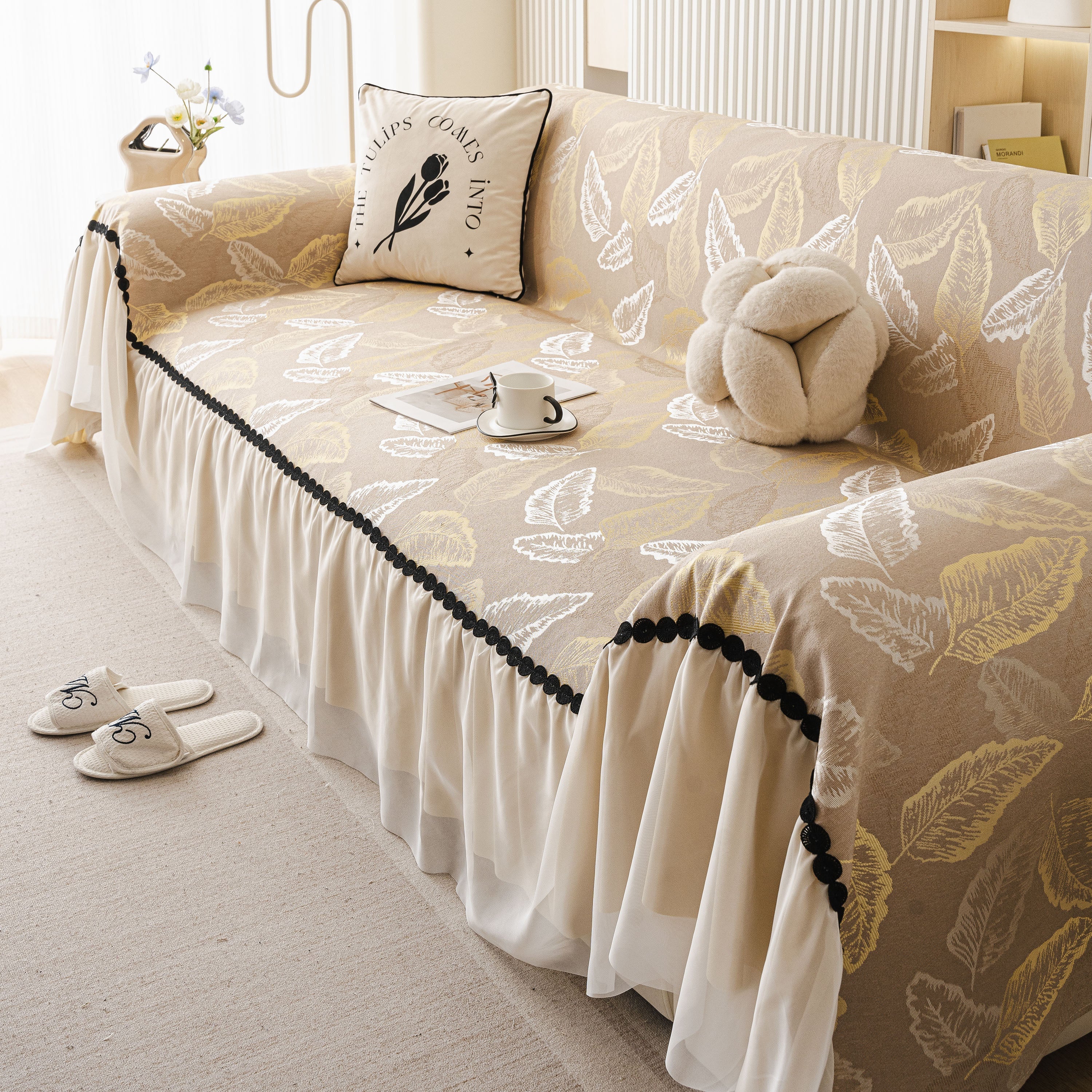 Leaf Jacquard Sofa Cover with Ruffle Skirt – Non-Slip Couch Protector with Sheer Hem - Image 7