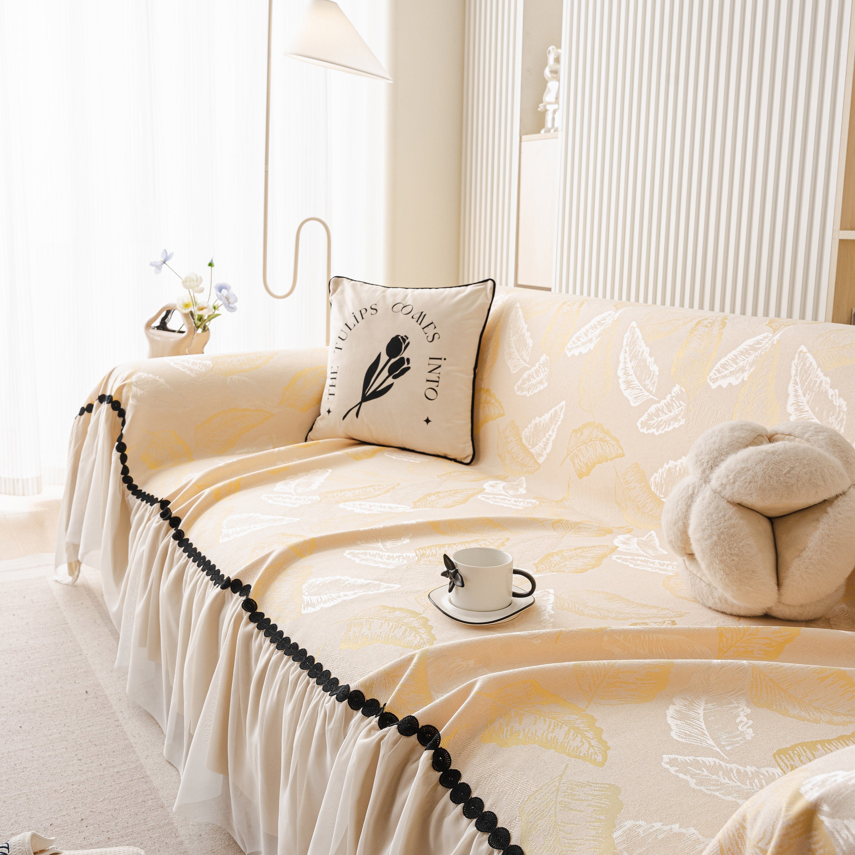 Leaf Jacquard Sofa Cover with Ruffle Skirt – Non-Slip Couch Protector with Sheer Hem - Image 72