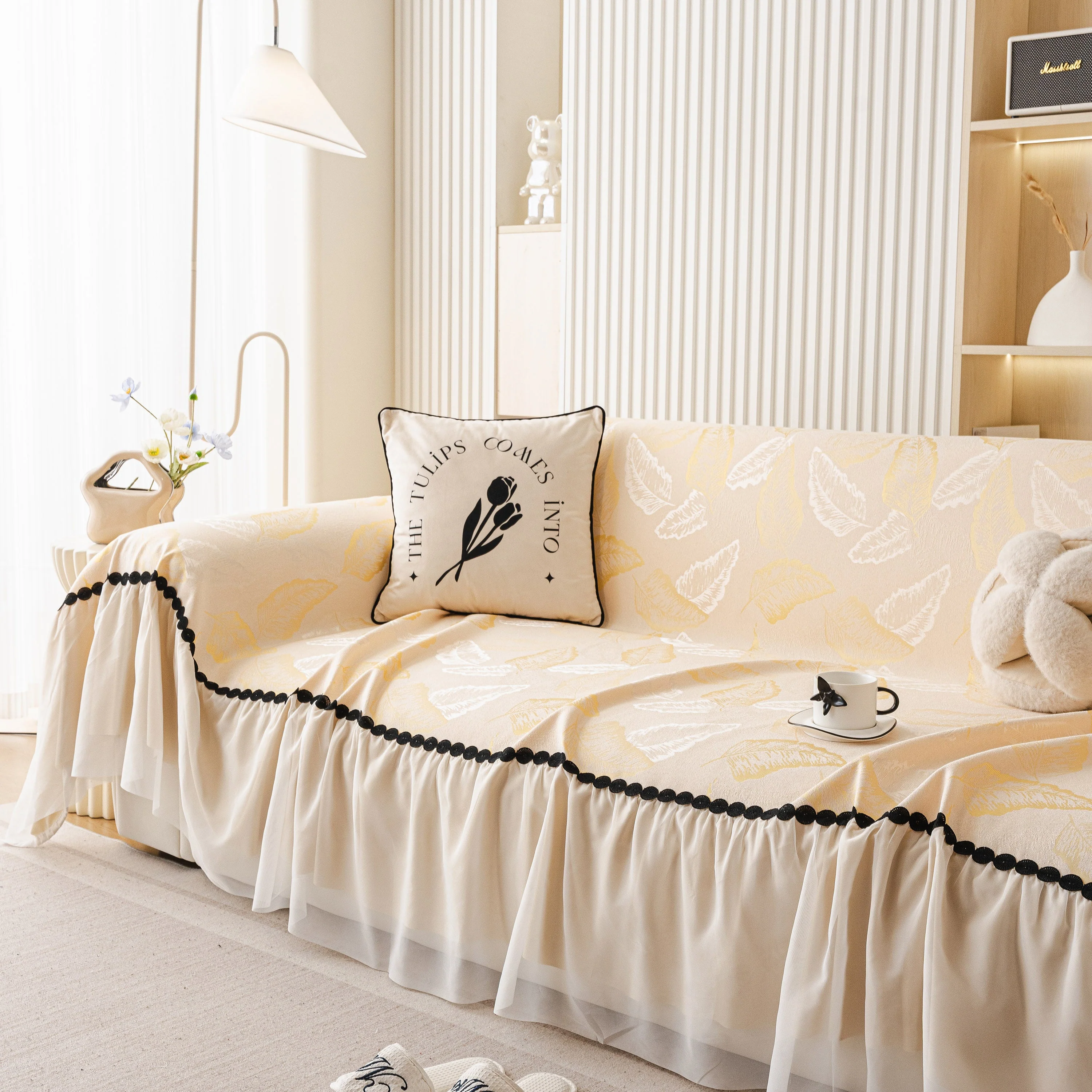 Leaf Jacquard Sofa Cover with Ruffle Skirt – Non-Slip Couch Protector with Sheer Hem - Image 73
