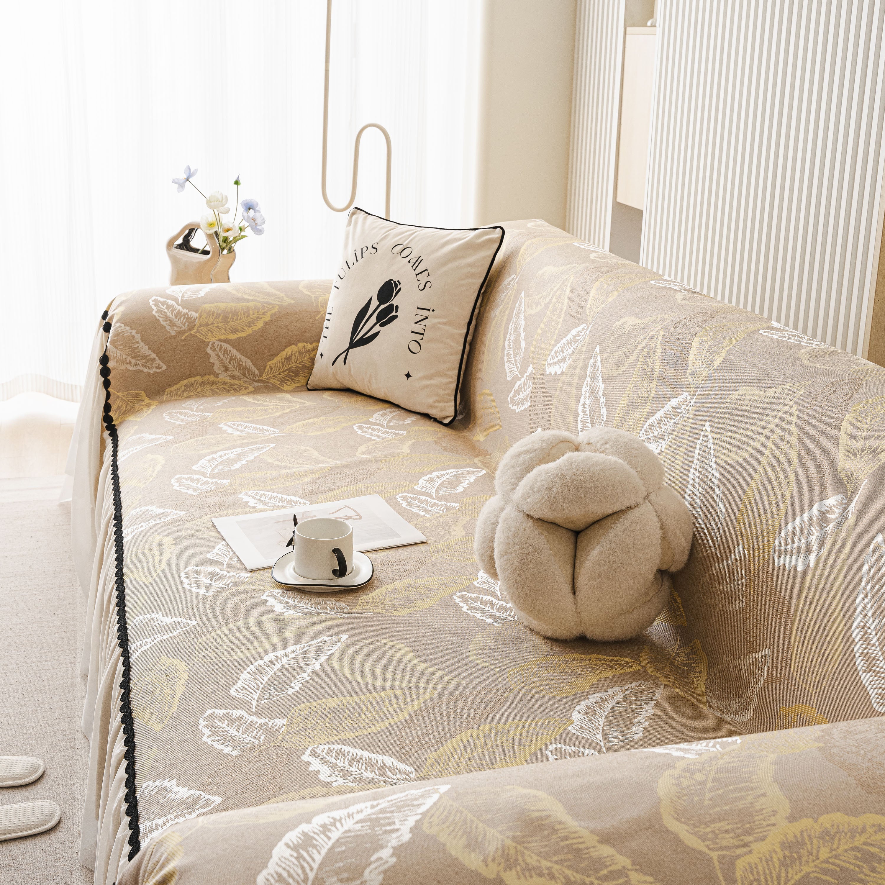 Leaf Jacquard Sofa Cover with Ruffle Skirt – Non-Slip Couch Protector with Sheer Hem - Image 8