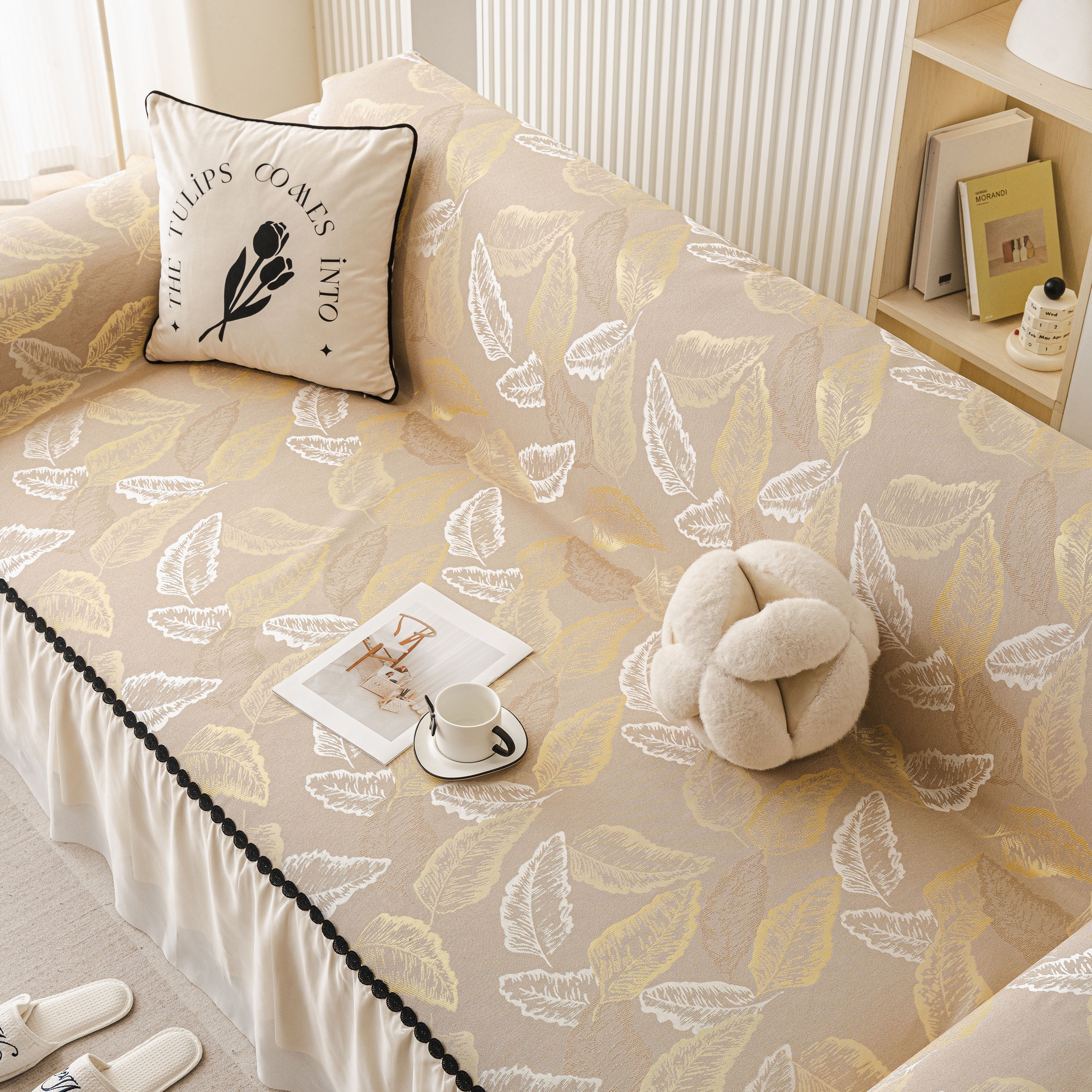 Leaf Jacquard Sofa Cover with Ruffle Skirt – Non-Slip Couch Protector with Sheer Hem - Image 9