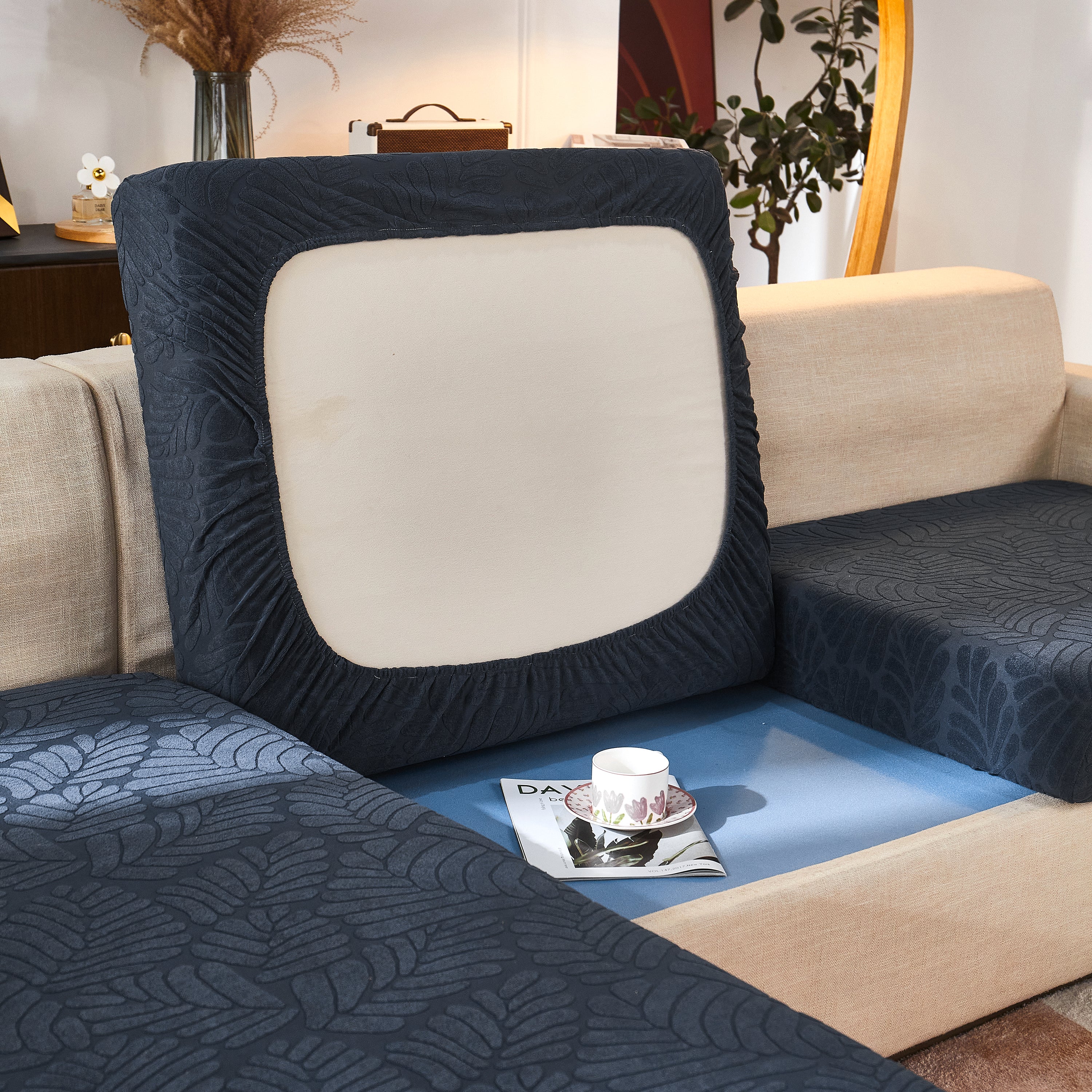 Leaf Pattern Jacquard Fabric Stretchable Cushion Cover, Non-Slip Furniture Protector for Kids, L Shaped Couch Covers - Image 10