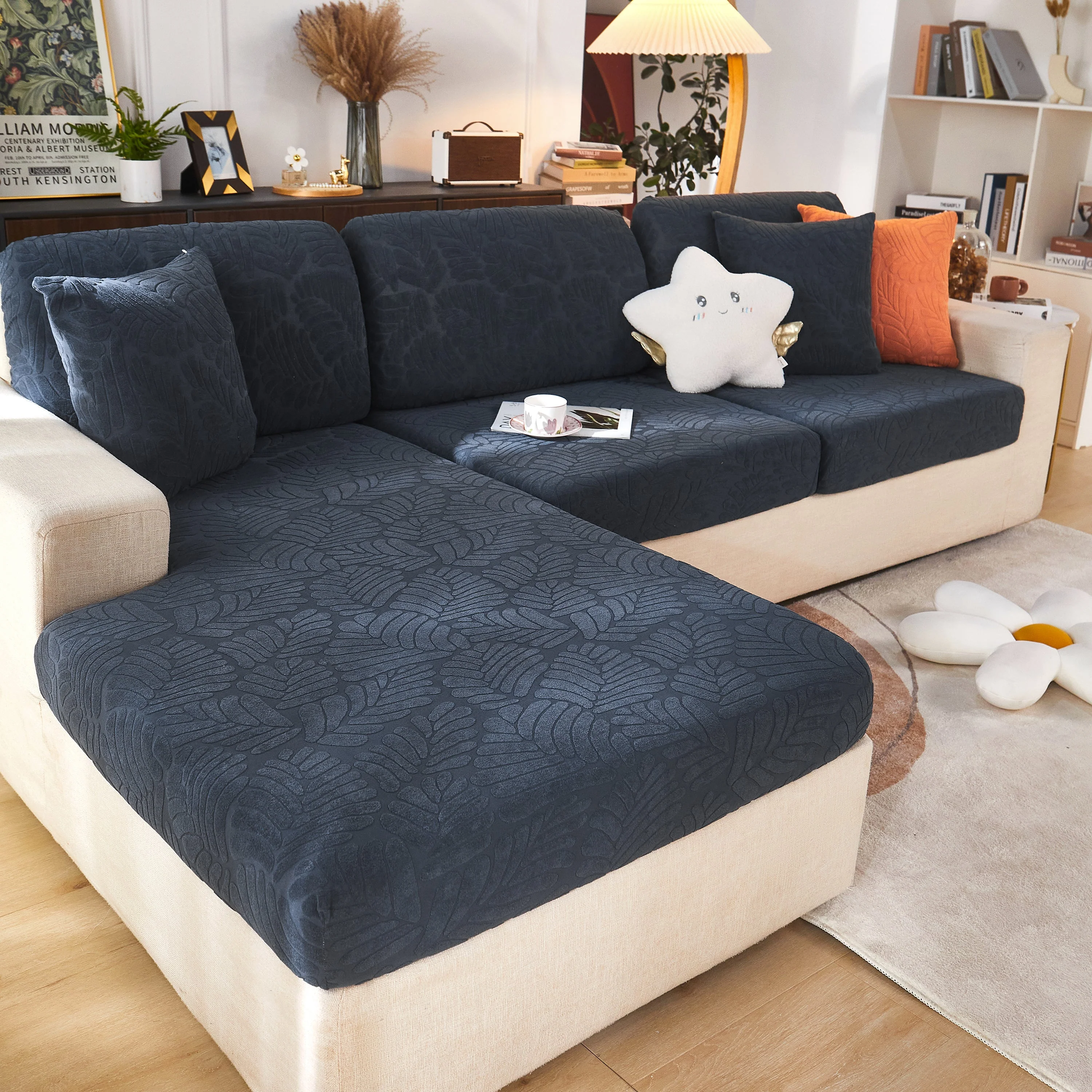 Leaf Pattern Jacquard Fabric Stretchable Cushion Cover, Non-Slip Furniture Protector for Kids, L Shaped Couch Covers - Image 11