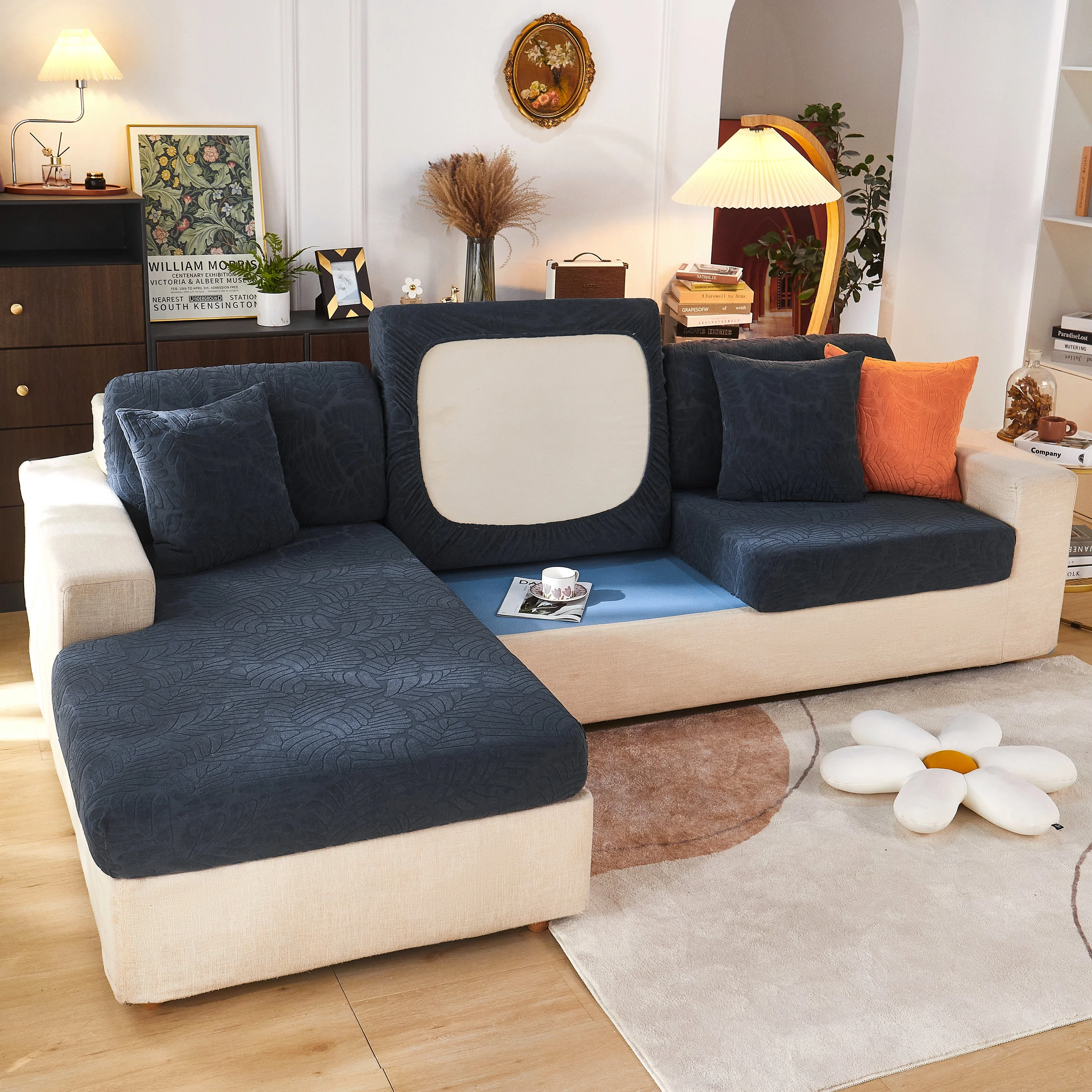 Leaf Pattern Jacquard Fabric Stretchable Cushion Cover, Non-Slip Furniture Protector for Kids, L Shaped Couch Covers - Image 12
