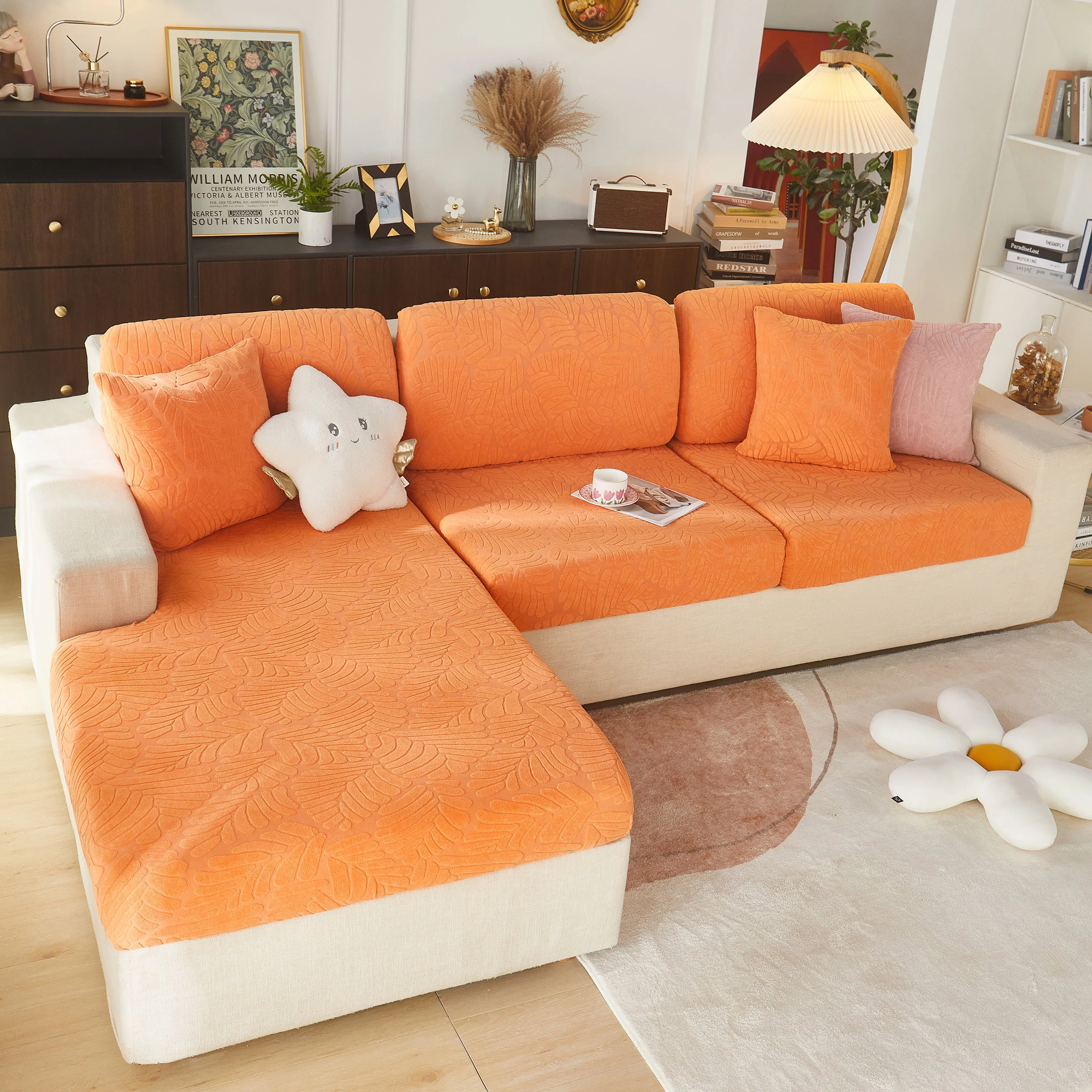 Leaf Pattern Jacquard Fabric Stretchable Cushion Cover, Non-Slip Furniture Protector for Kids, L Shaped Couch Covers - Image 14
