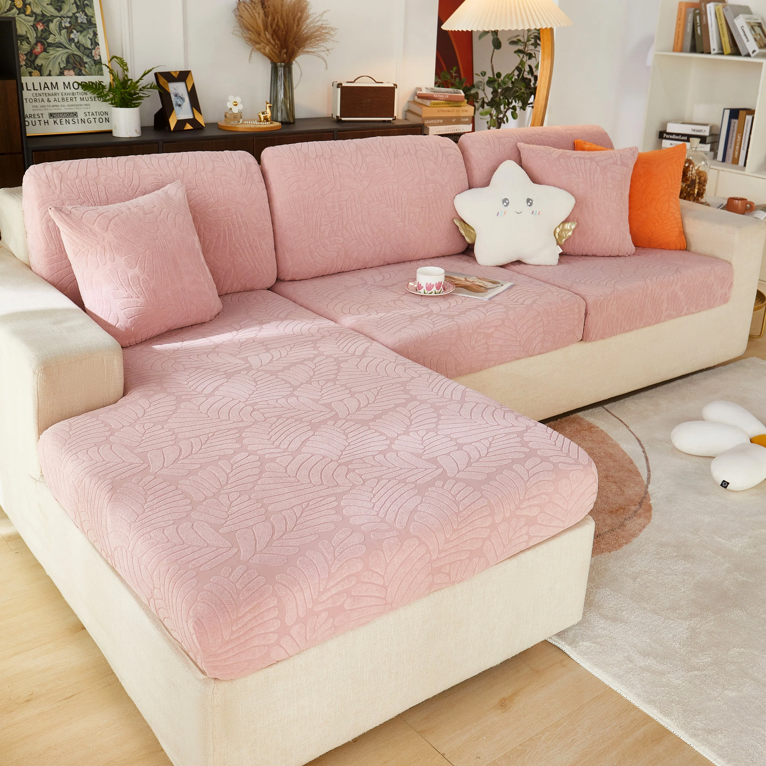 Leaf Pattern Jacquard Fabric Stretchable Cushion Cover, Non-Slip Furniture Protector for Kids, L Shaped Couch Covers - Image 15