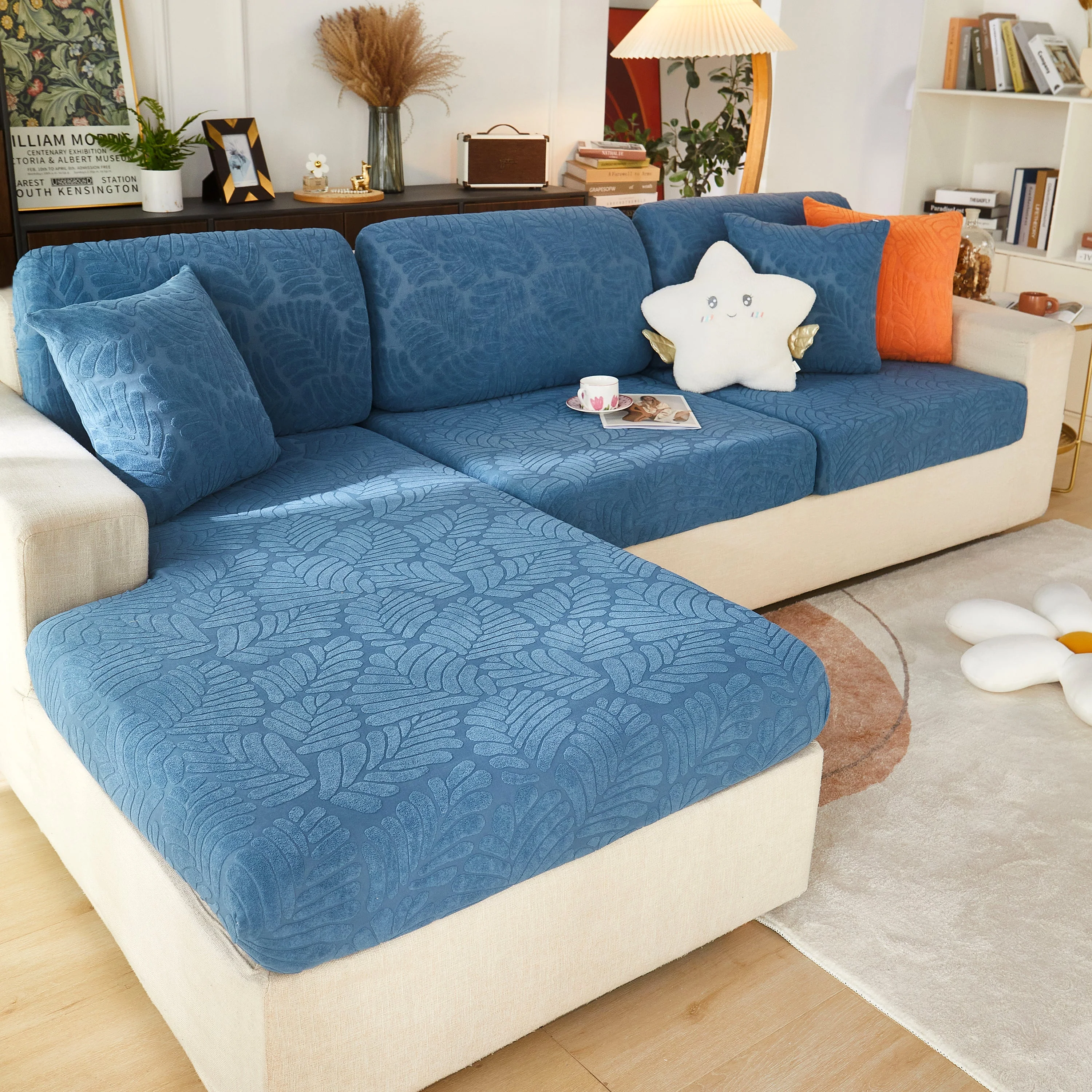 Leaf Pattern Jacquard Fabric Stretchable Cushion Cover, Non-Slip Furniture Protector for Kids, L Shaped Couch Covers - Image 16
