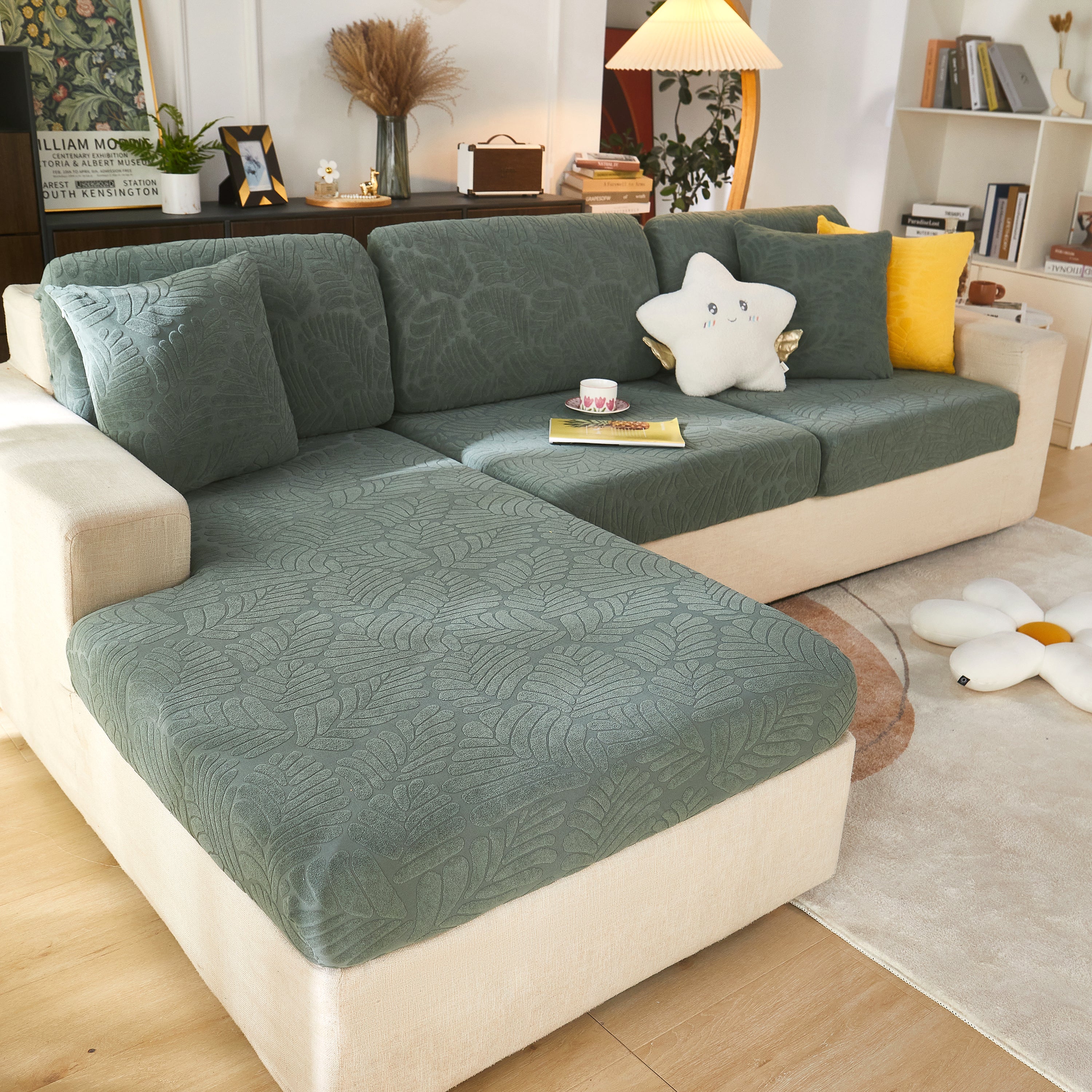 Leaf Pattern Jacquard Fabric Stretchable Cushion Cover, Non-Slip Furniture Protector for Kids, L Shaped Couch Covers - Image 17