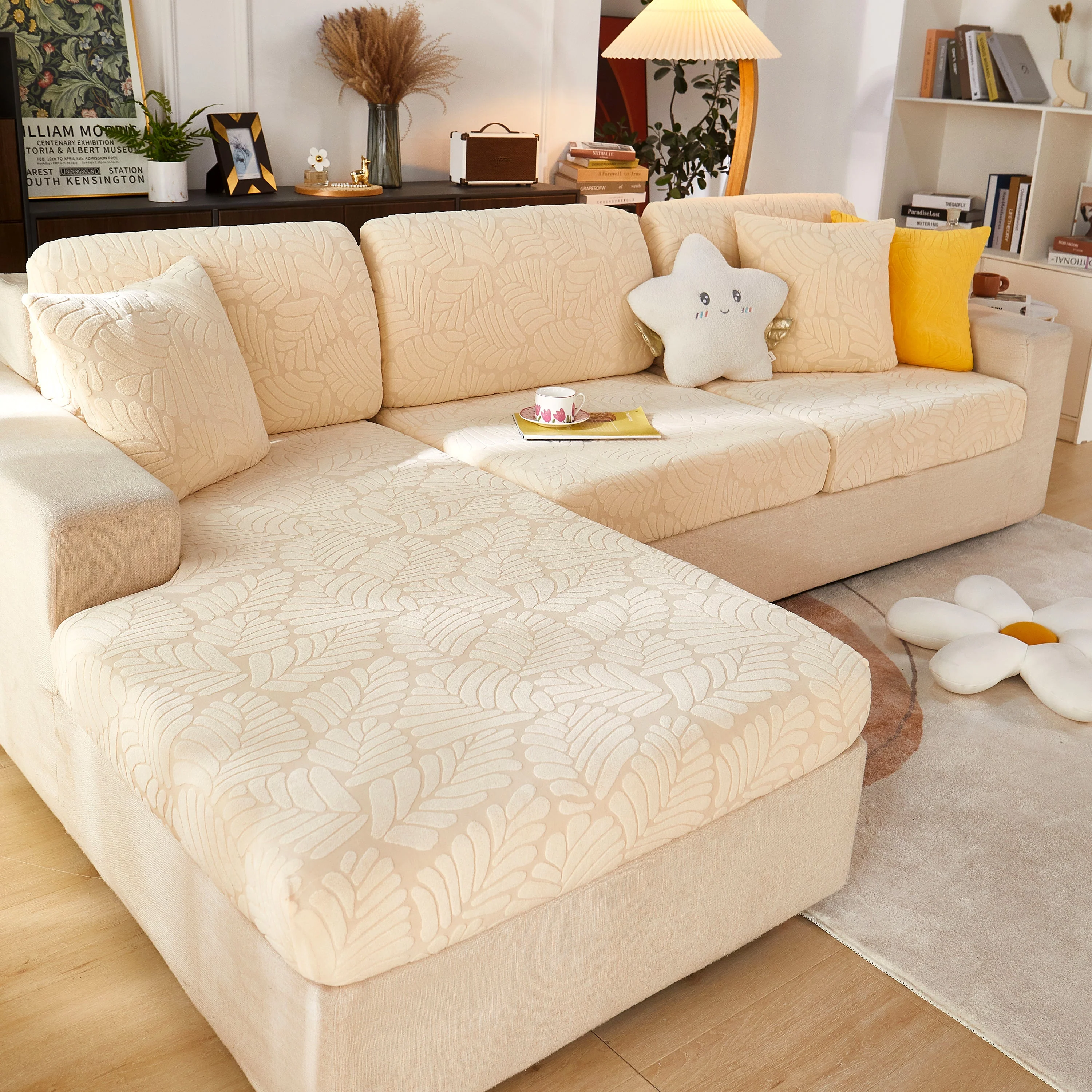 Leaf Pattern Jacquard Fabric Stretchable Cushion Cover, Non-Slip Furniture Protector for Kids, L Shaped Couch Covers - Image 18