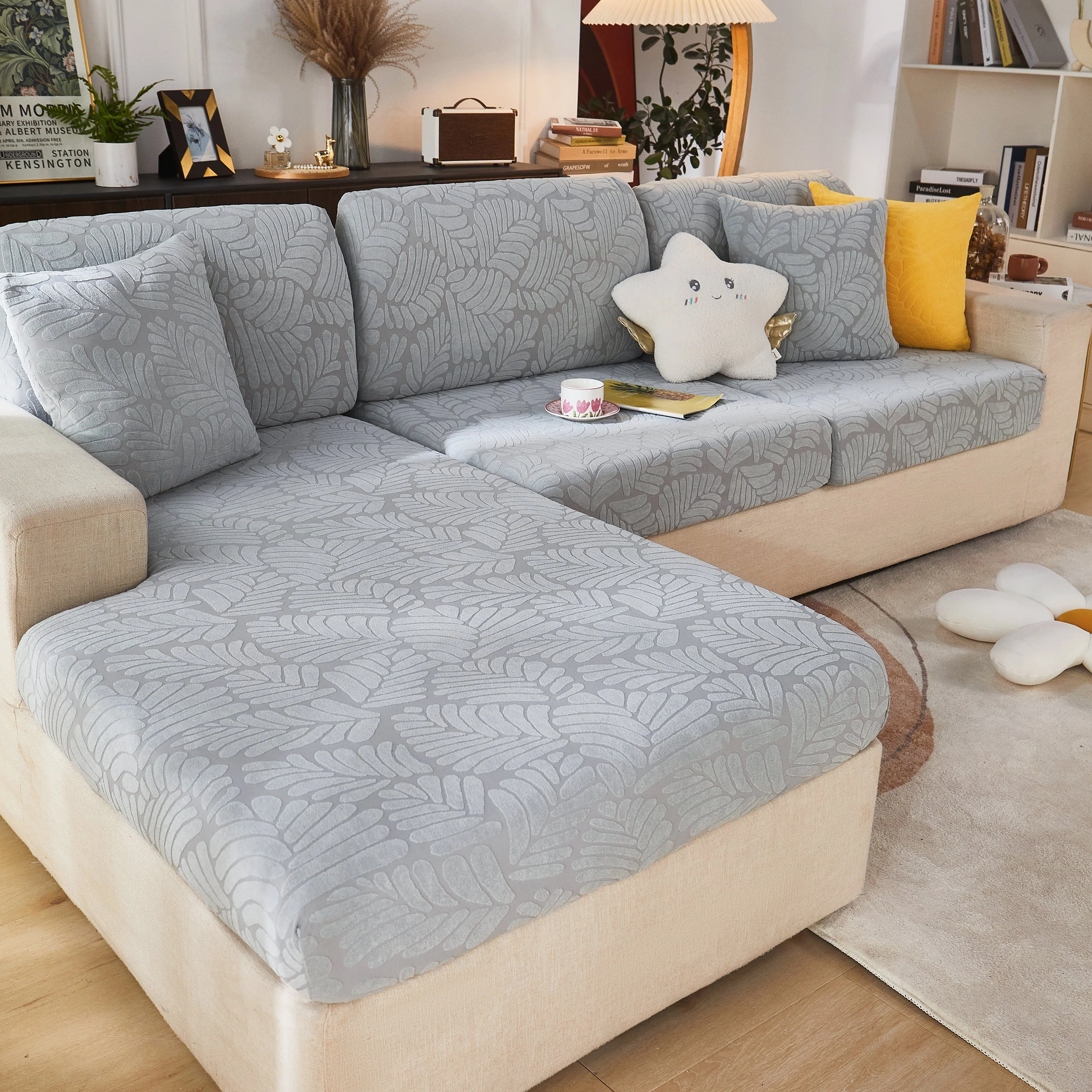 Leaf Pattern Jacquard Fabric Stretchable Cushion Cover, Non-Slip Furniture Protector for Kids, L Shaped Couch Covers - Image 19