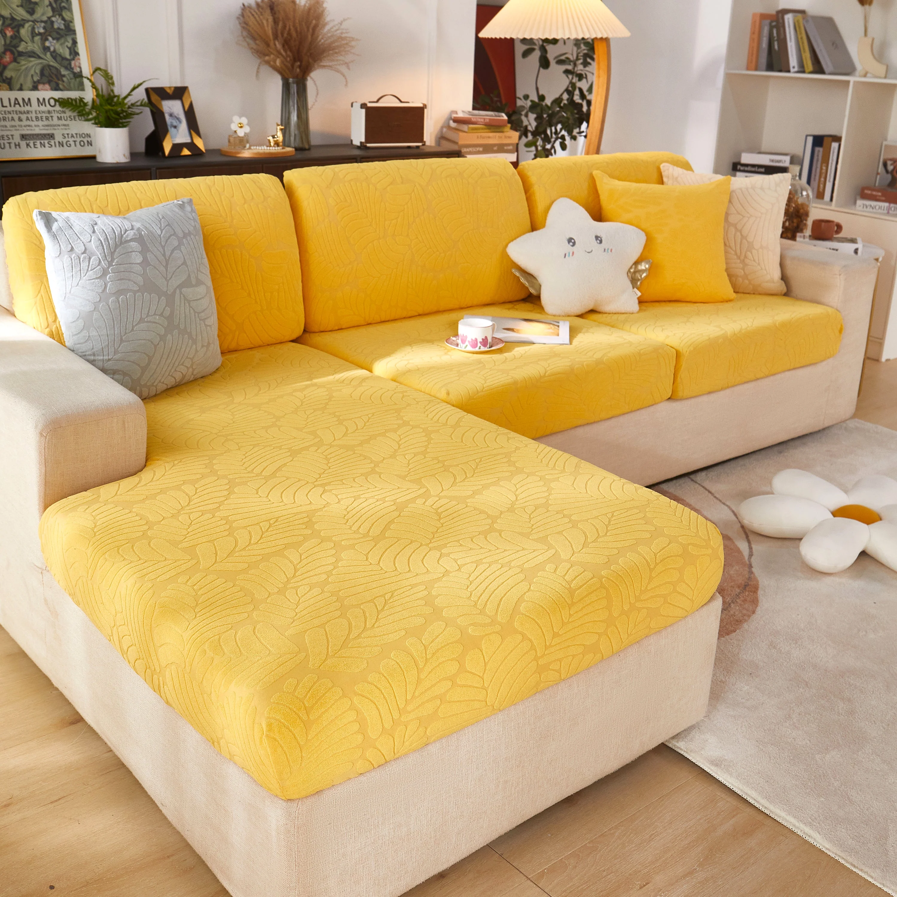Leaf Pattern Jacquard Fabric Stretchable Cushion Cover, Non-Slip Furniture Protector for Kids, L Shaped Couch Covers - Image 20