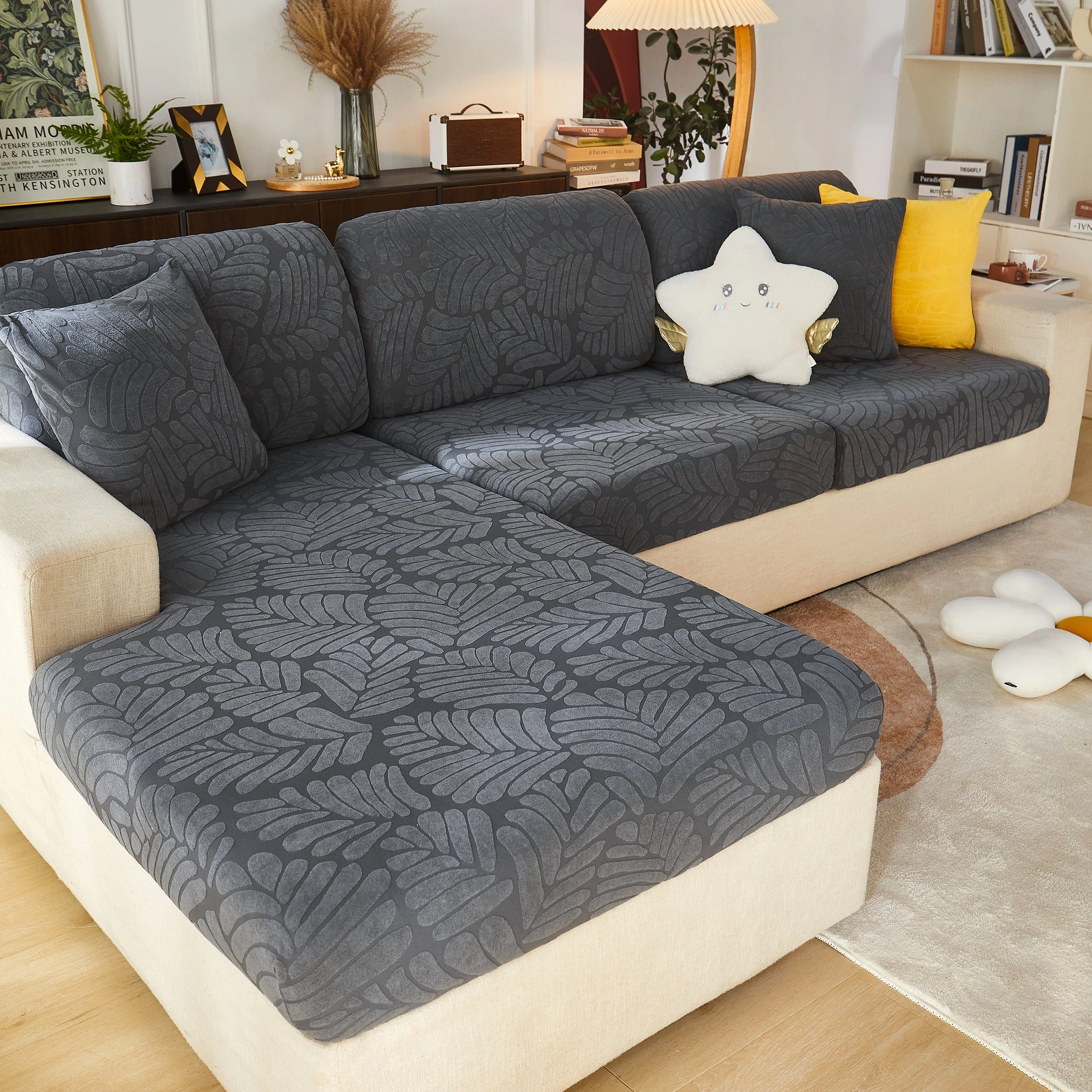 Leaf Pattern Jacquard Fabric Stretchable Cushion Cover, Non-Slip Furniture Protector for Kids, L Shaped Couch Covers - Image 21