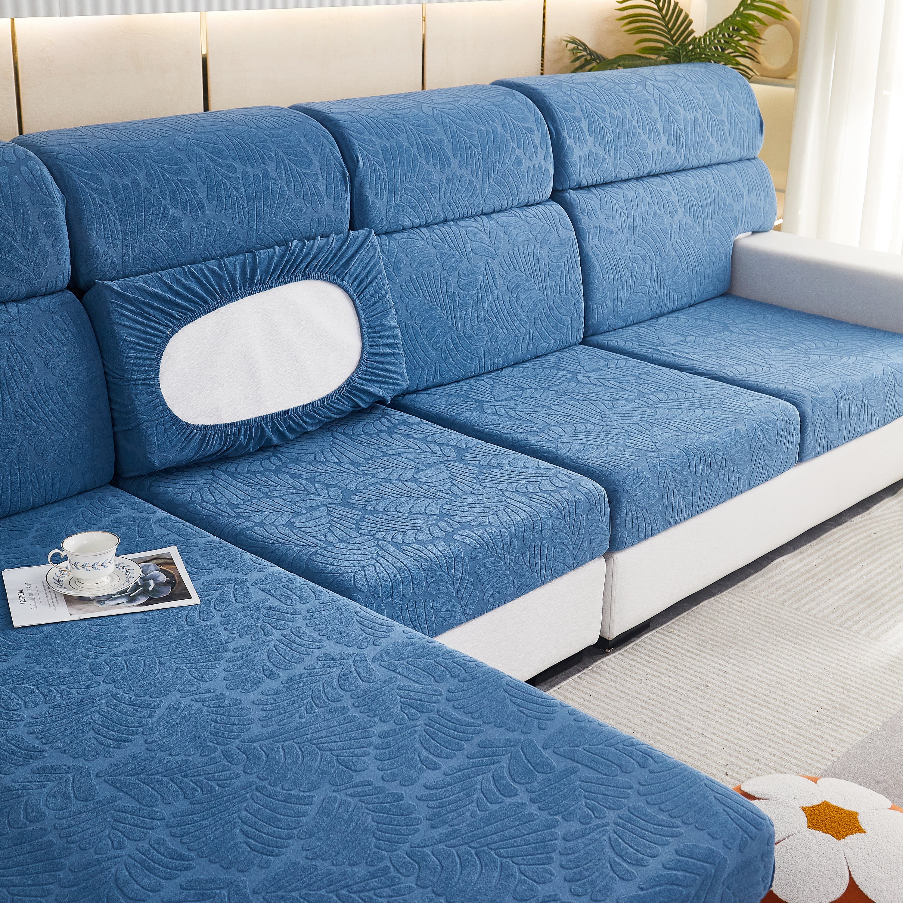 Leaf Pattern Jacquard Fabric Stretchable Cushion Cover, Non-Slip Furniture Protector for Kids, L Shaped Couch Covers - Image 22