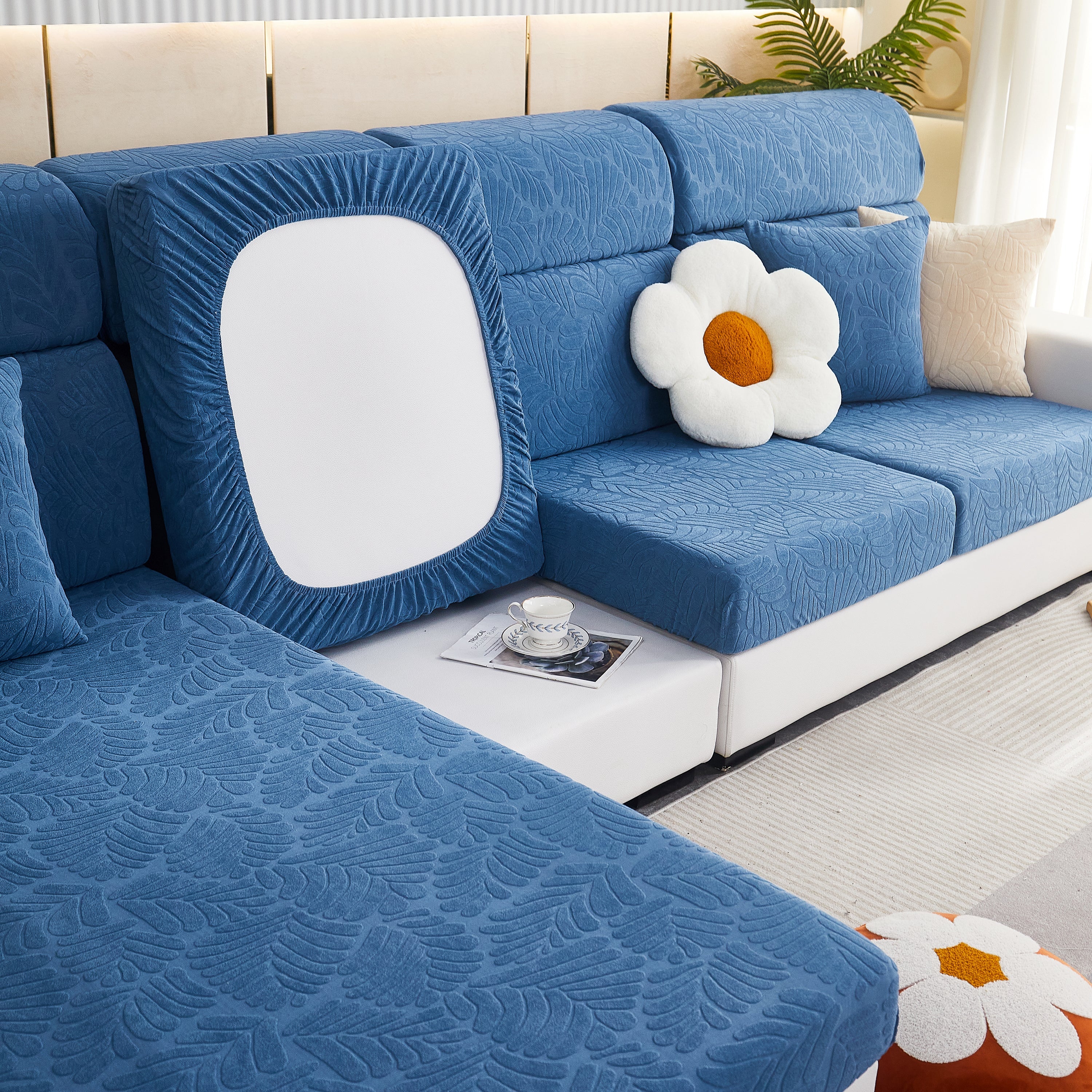 Leaf Pattern Jacquard Fabric Stretchable Cushion Cover, Non-Slip Furniture Protector for Kids, L Shaped Couch Covers - Image 23