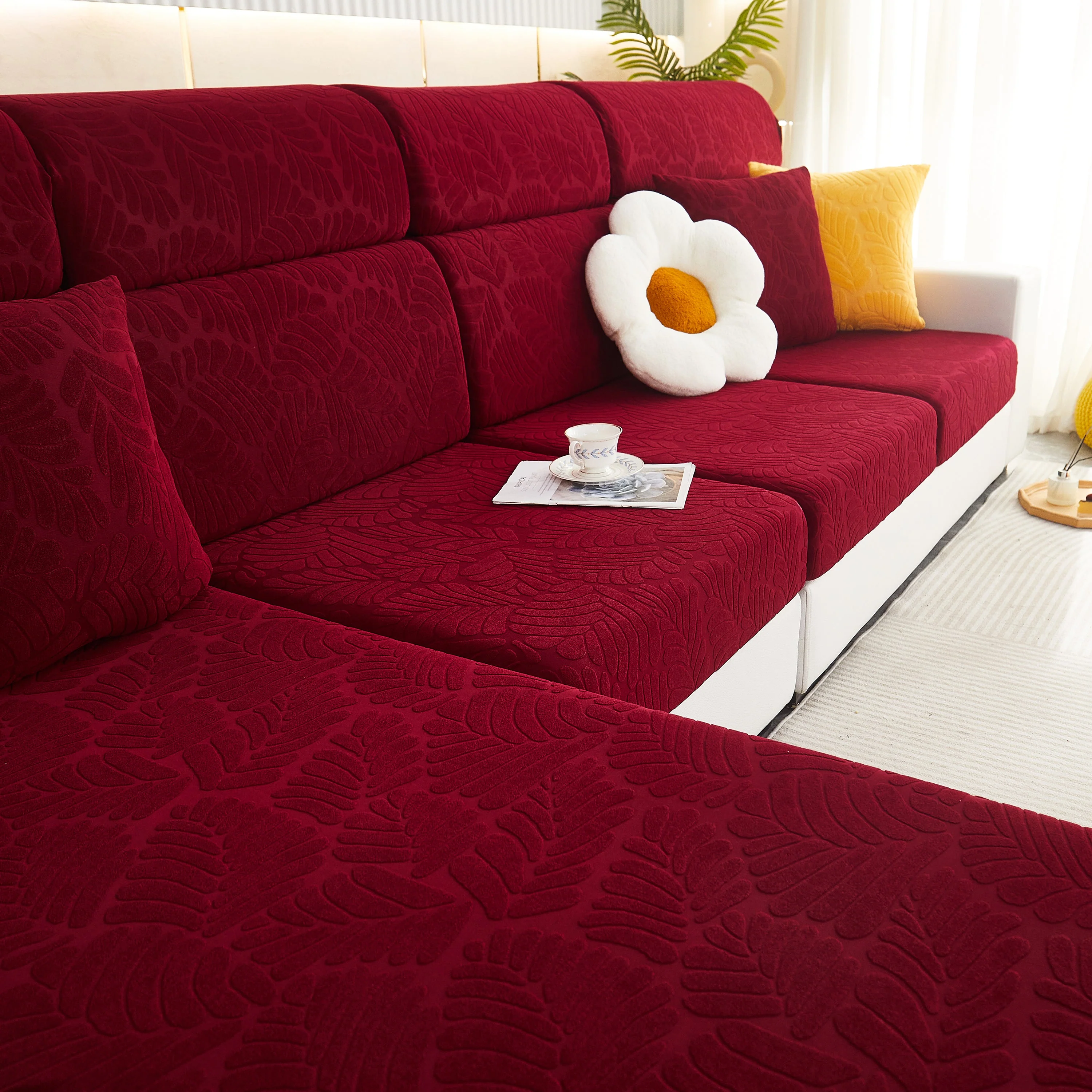 Leaf Pattern Jacquard Fabric Stretchable Cushion Cover, Non-Slip Furniture Protector for Kids, L Shaped Couch Covers - Image 24