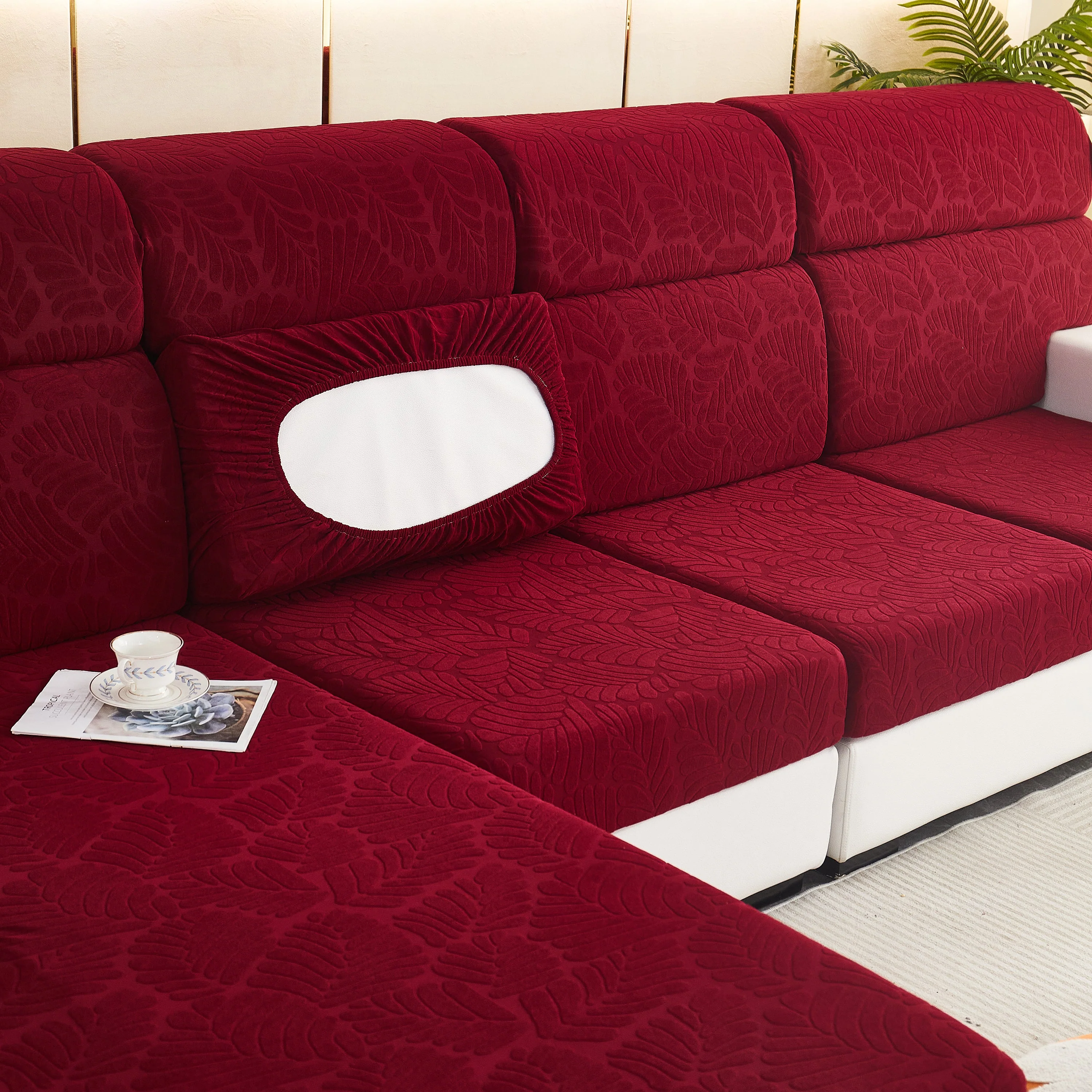 Leaf Pattern Jacquard Fabric Stretchable Cushion Cover, Non-Slip Furniture Protector for Kids, L Shaped Couch Covers - Image 25
