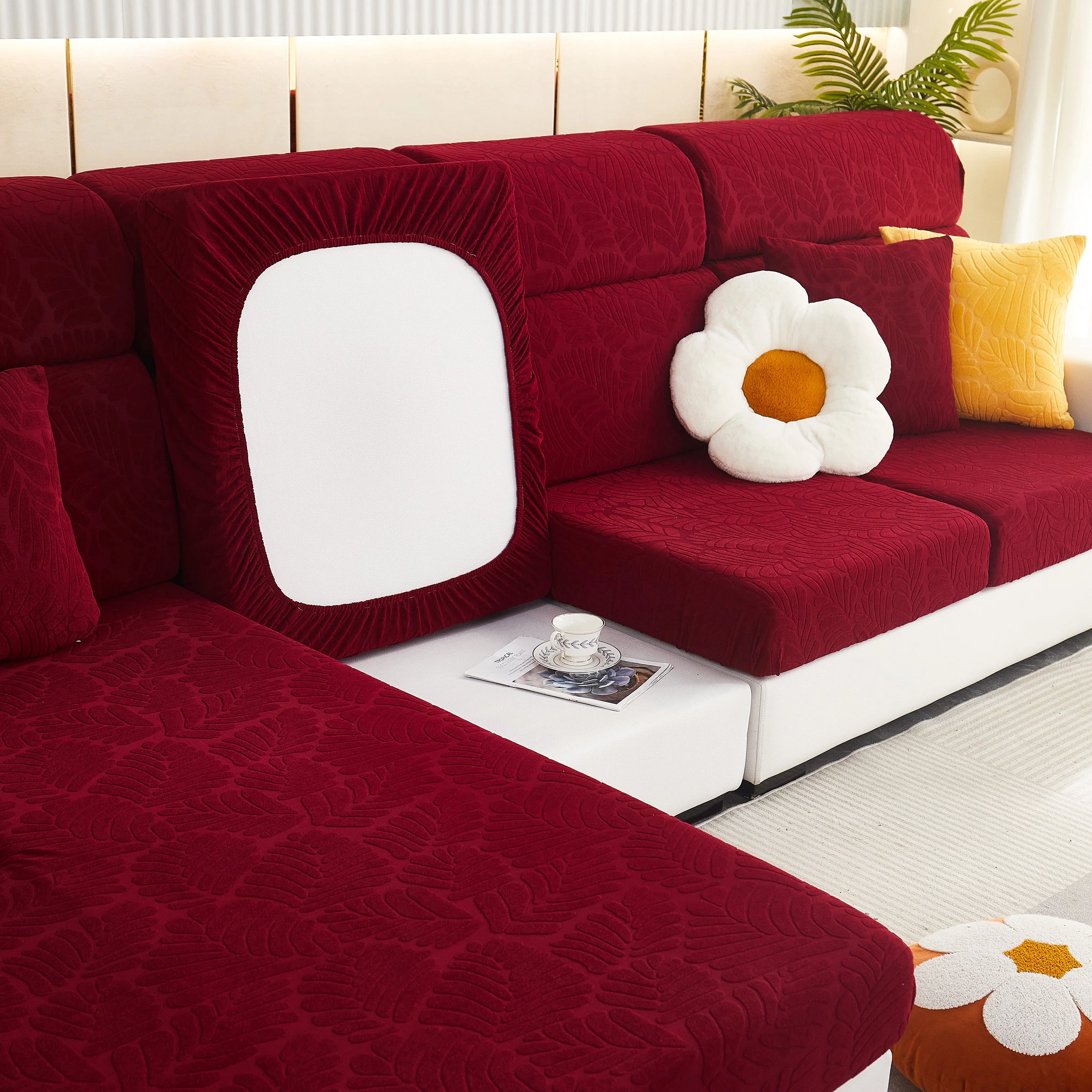 Leaf Pattern Jacquard Fabric Stretchable Cushion Cover, Non-Slip Furniture Protector for Kids, L Shaped Couch Covers - Image 26