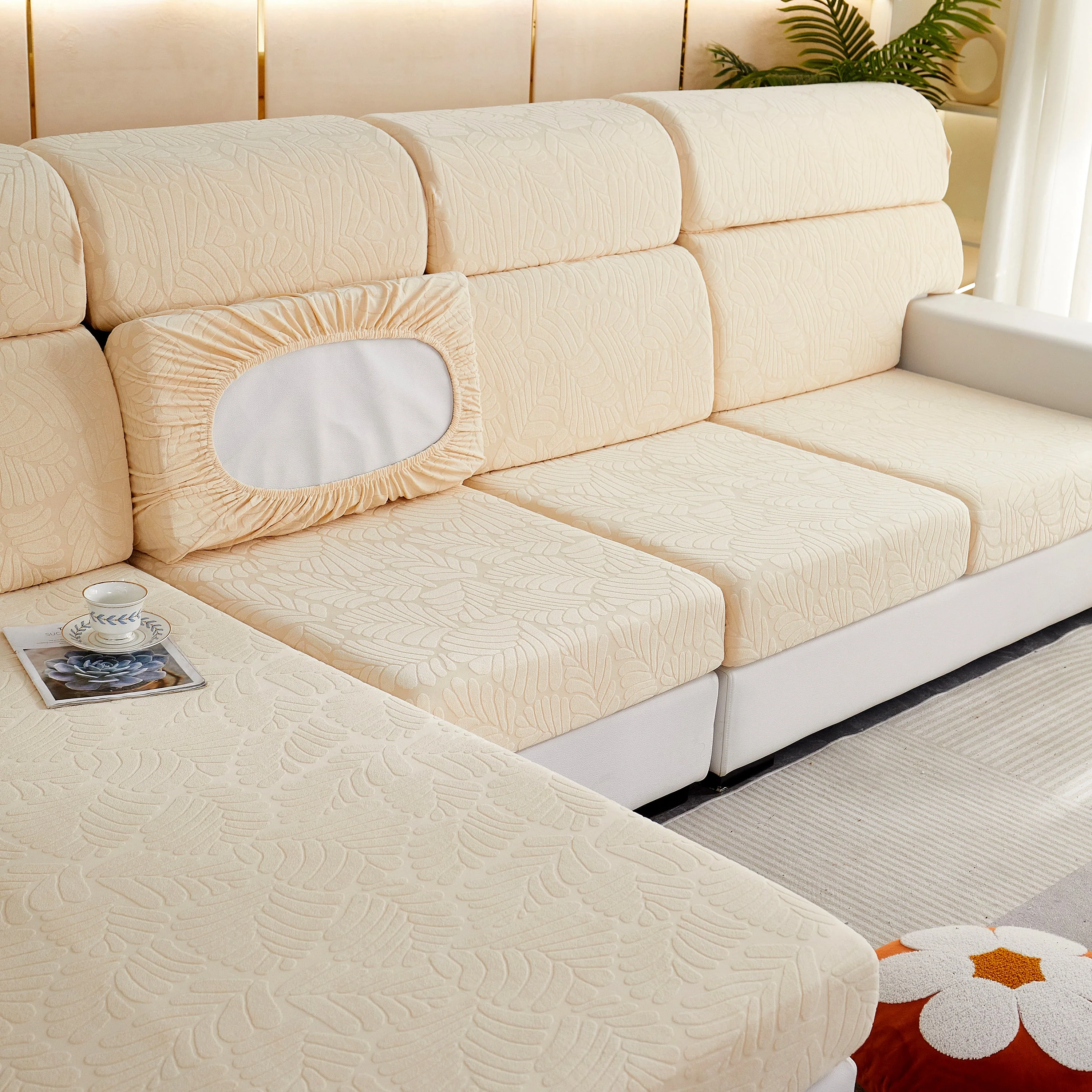 Leaf Pattern Jacquard Fabric Stretchable Cushion Cover, Non-Slip Furniture Protector for Kids, L Shaped Couch Covers - Image 29