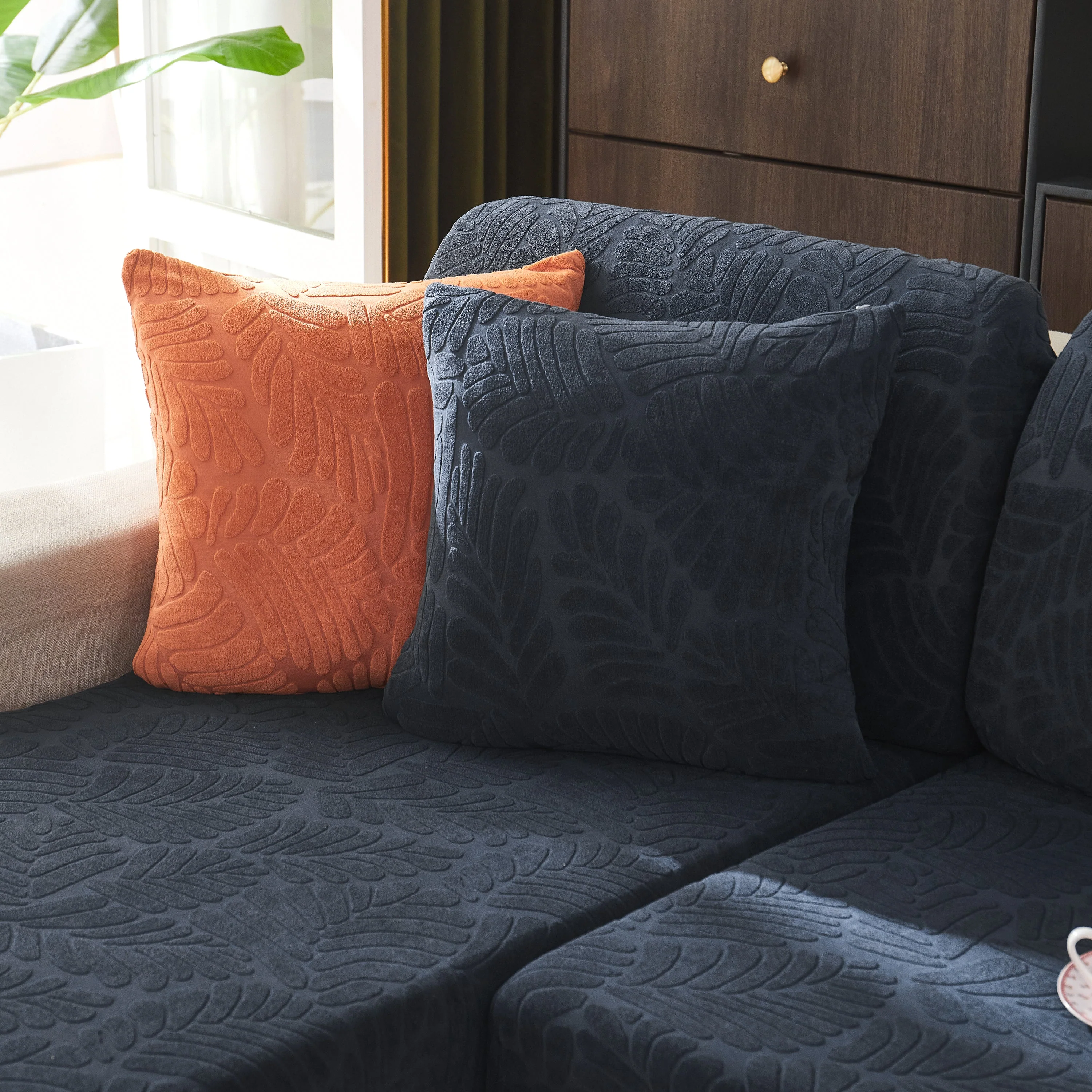 Leaf Pattern Jacquard Fabric Stretchable Cushion Cover, Non-Slip Furniture Protector for Kids, L Shaped Couch Covers - Image 3
