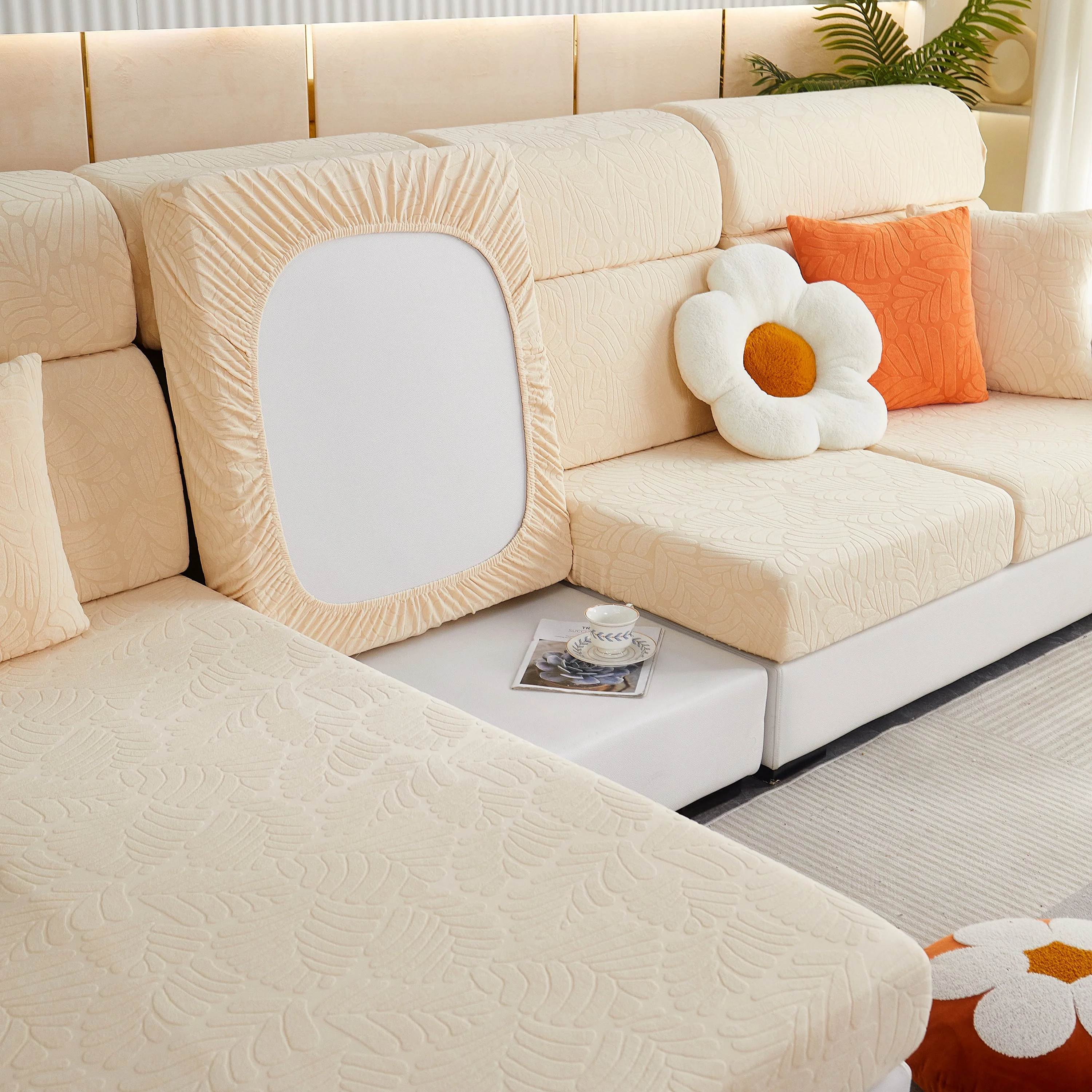 Leaf Pattern Jacquard Fabric Stretchable Cushion Cover, Non-Slip Furniture Protector for Kids, L Shaped Couch Covers - Image 30
