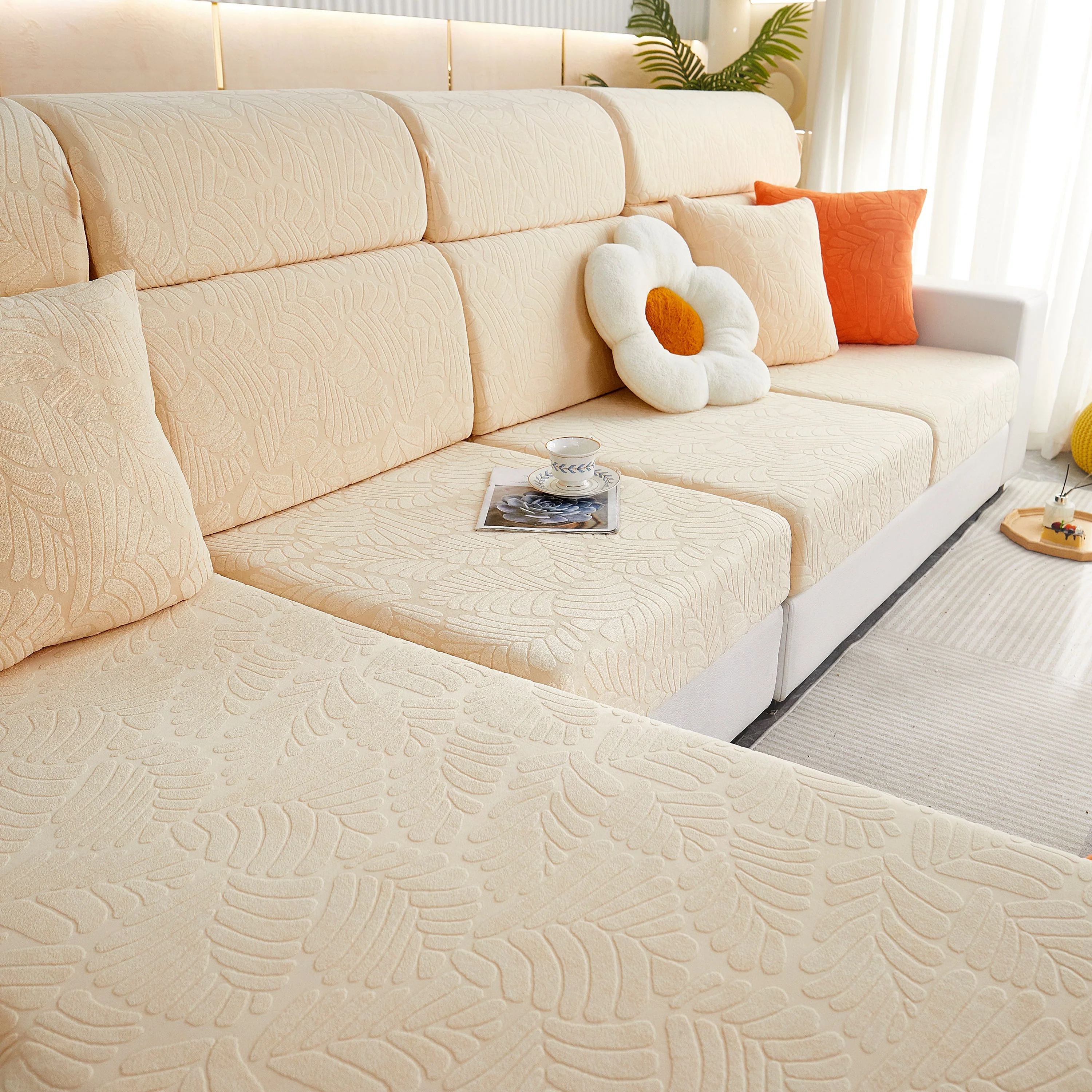Leaf Pattern Jacquard Fabric Stretchable Cushion Cover, Non-Slip Furniture Protector for Kids, L Shaped Couch Covers - Image 31