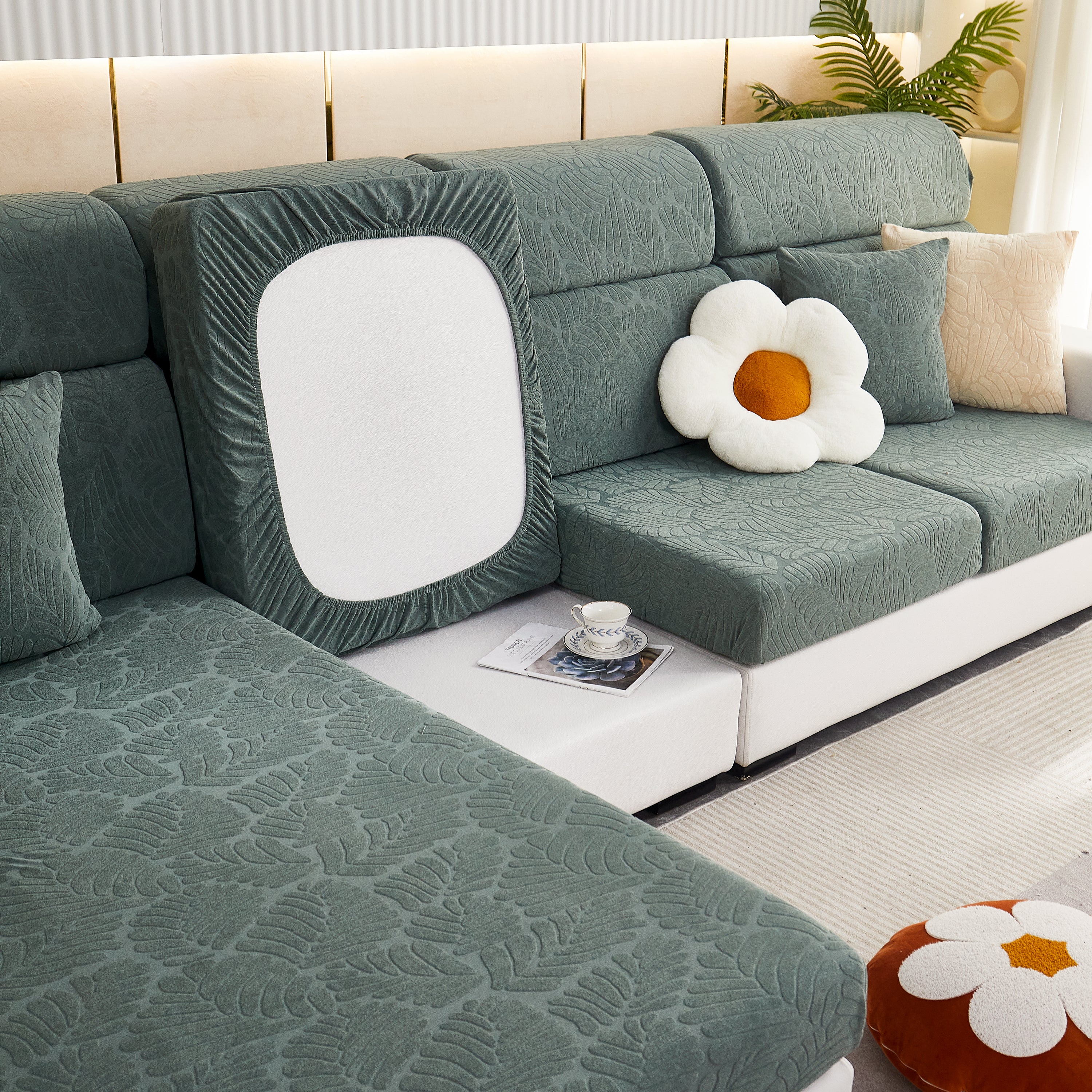 Leaf Pattern Jacquard Fabric Stretchable Cushion Cover, Non-Slip Furniture Protector for Kids, L Shaped Couch Covers - Image 32