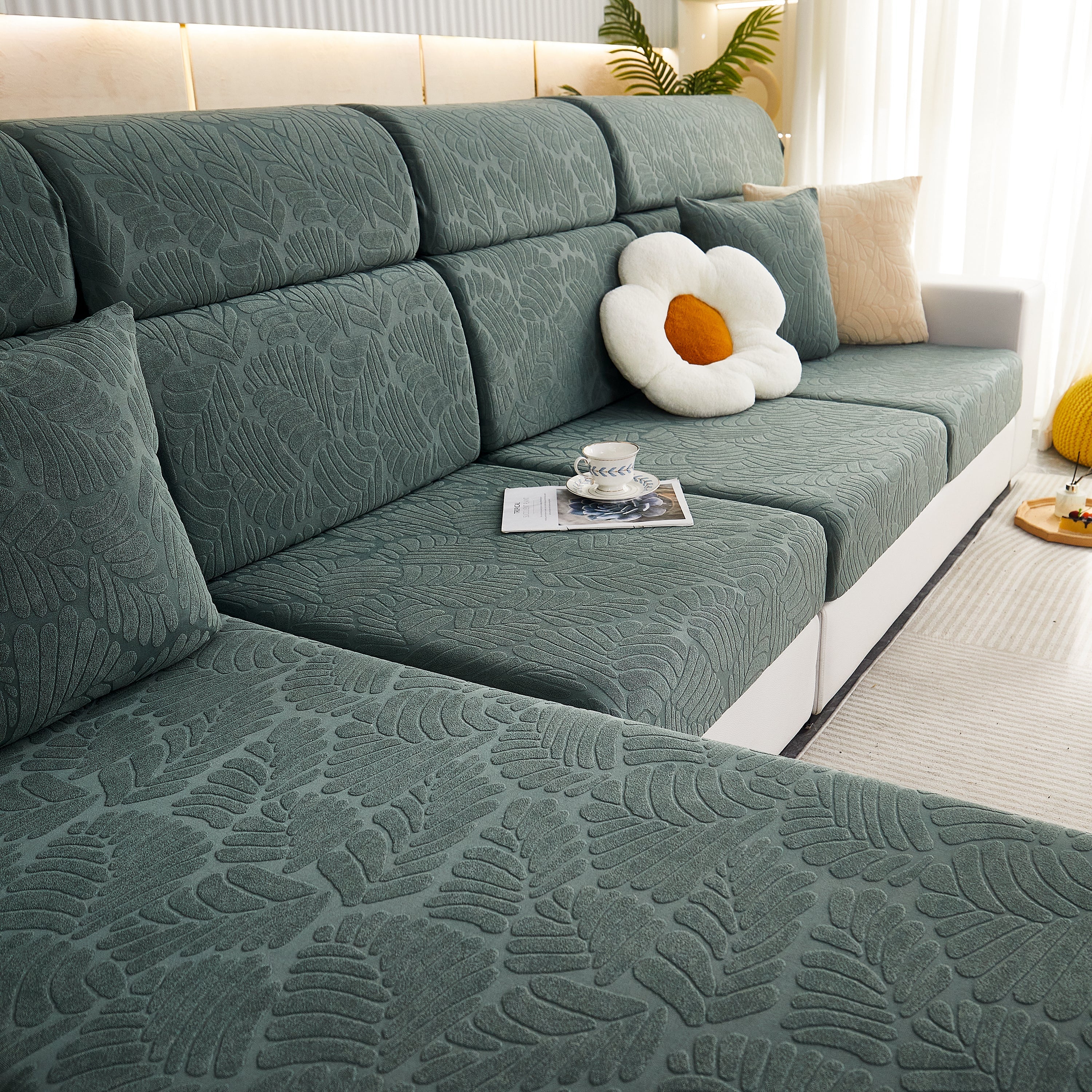 Leaf Pattern Jacquard Fabric Stretchable Cushion Cover, Non-Slip Furniture Protector for Kids, L Shaped Couch Covers - Image 33