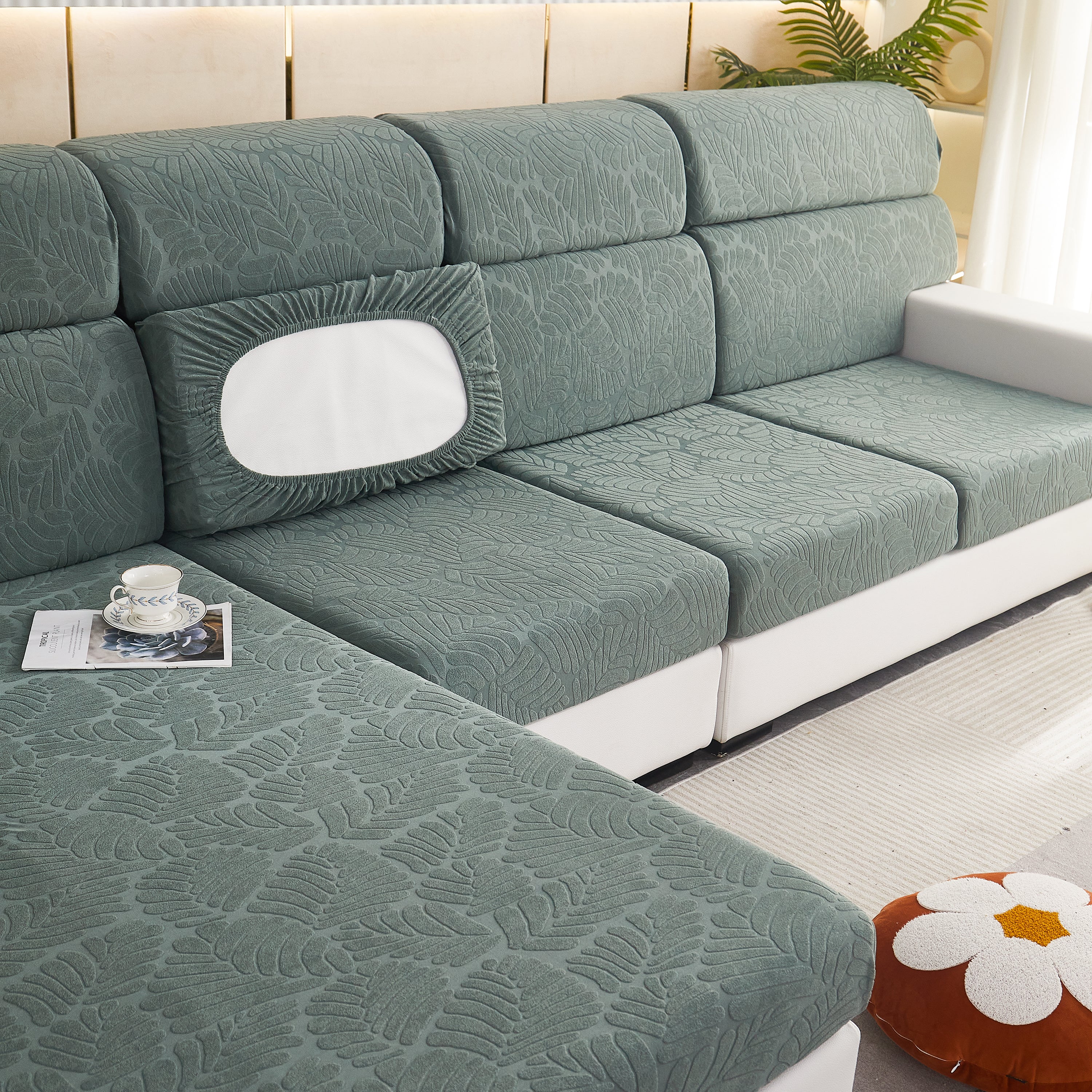Leaf Pattern Jacquard Fabric Stretchable Cushion Cover, Non-Slip Furniture Protector for Kids, L Shaped Couch Covers - Image 35