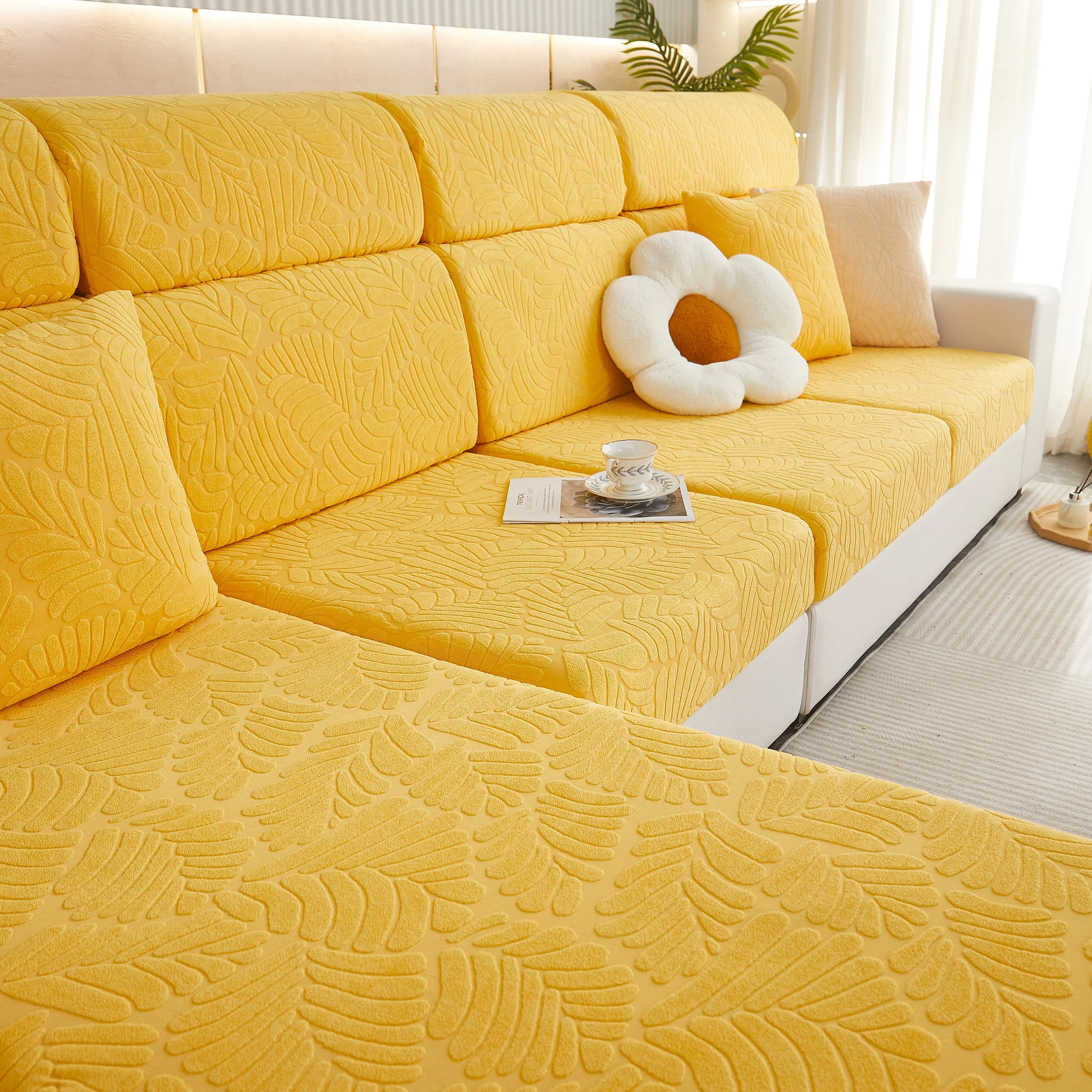 Leaf Pattern Jacquard Fabric Stretchable Cushion Cover, Non-Slip Furniture Protector for Kids, L Shaped Couch Covers - Image 37