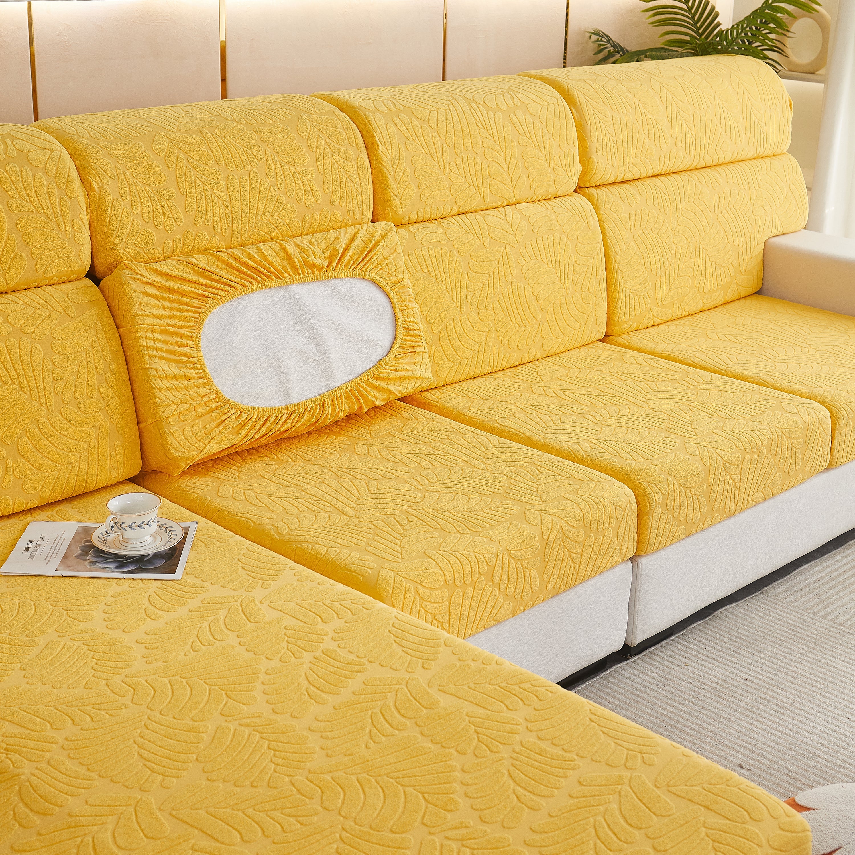 Leaf Pattern Jacquard Fabric Stretchable Cushion Cover, Non-Slip Furniture Protector for Kids, L Shaped Couch Covers - Image 38