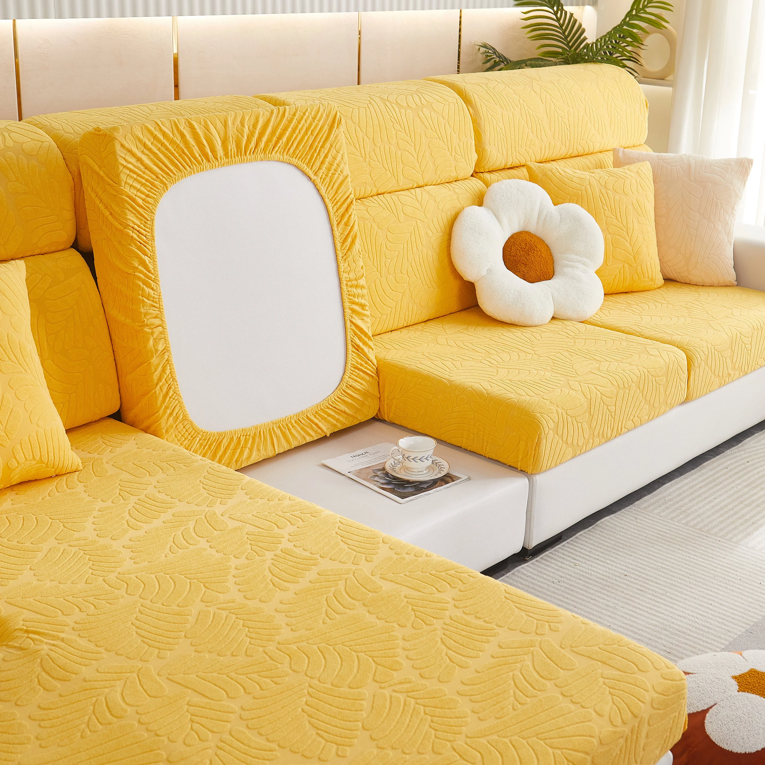 Leaf Pattern Jacquard Fabric Stretchable Cushion Cover, Non-Slip Furniture Protector for Kids, L Shaped Couch Covers - Image 39