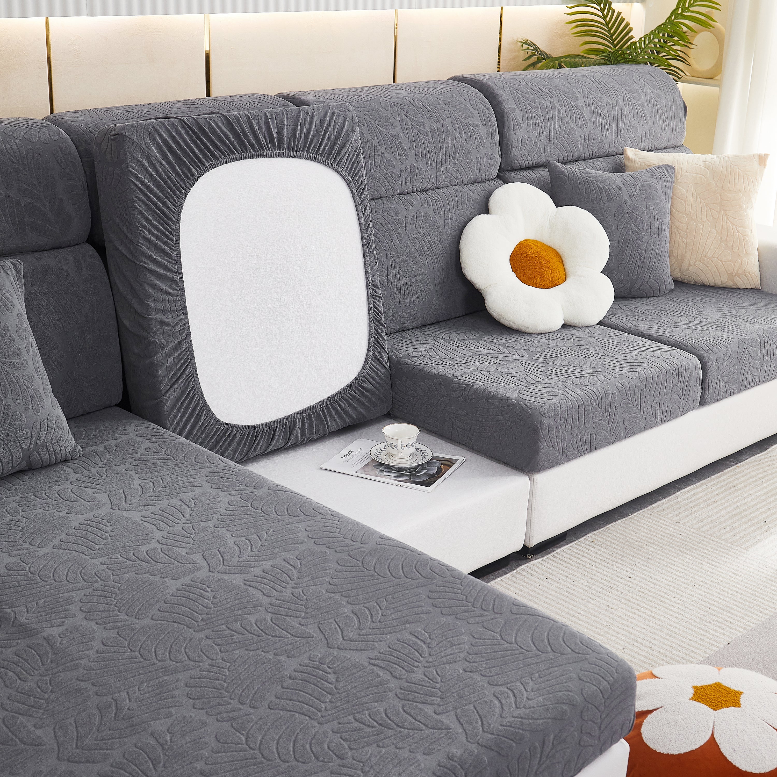 Leaf Pattern Jacquard Fabric Stretchable Cushion Cover, Non-Slip Furniture Protector for Kids, L Shaped Couch Covers - Image 40
