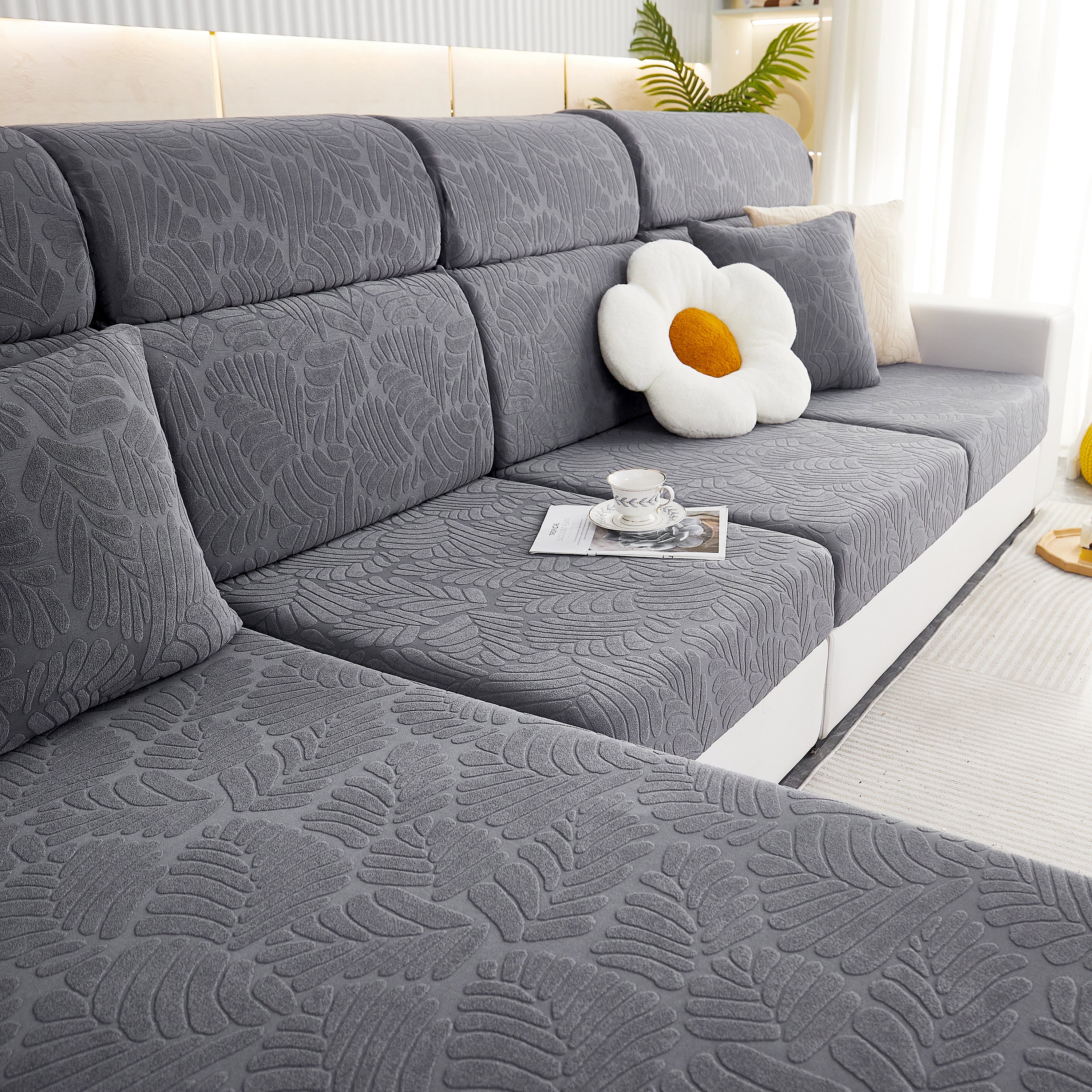 Leaf Pattern Jacquard Fabric Stretchable Cushion Cover, Non-Slip Furniture Protector for Kids, L Shaped Couch Covers - Image 41