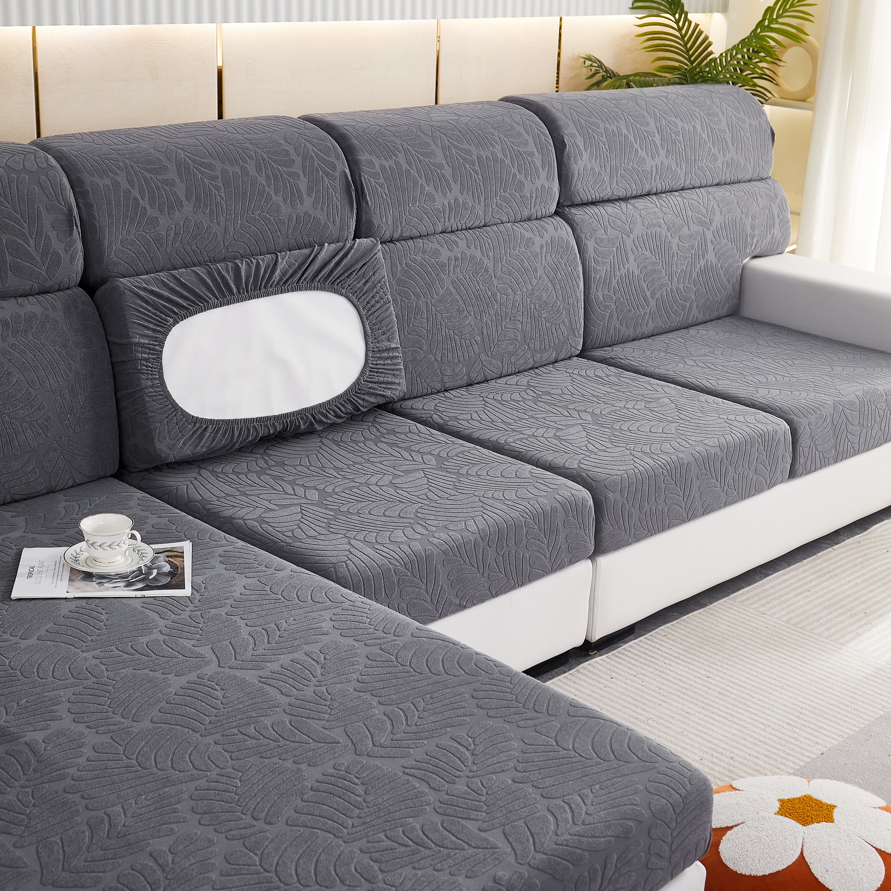 Leaf Pattern Jacquard Fabric Stretchable Cushion Cover, Non-Slip Furniture Protector for Kids, L Shaped Couch Covers - Image 43