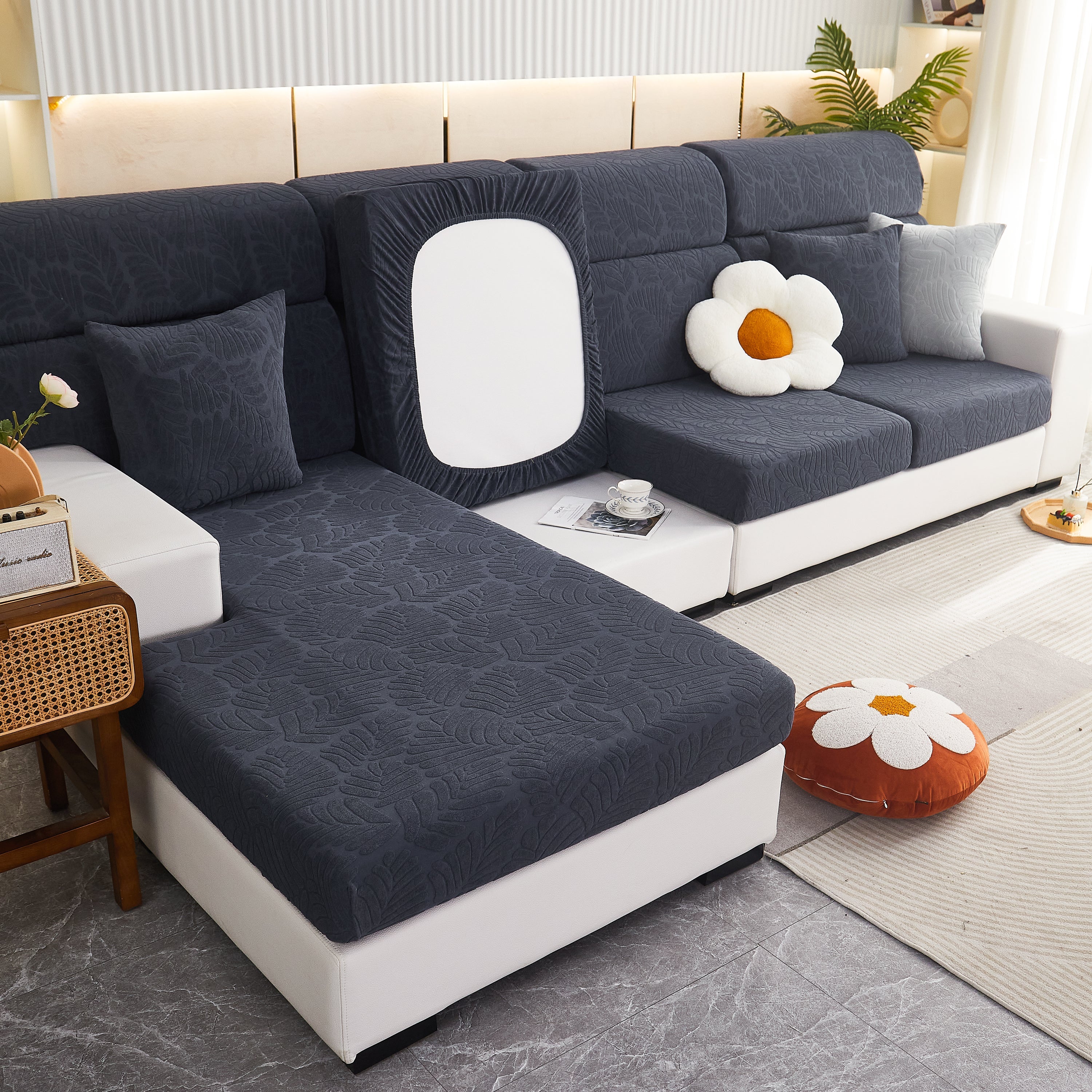 Leaf Pattern Jacquard Fabric Stretchable Cushion Cover, Non-Slip Furniture Protector for Kids, L Shaped Couch Covers - Image 44