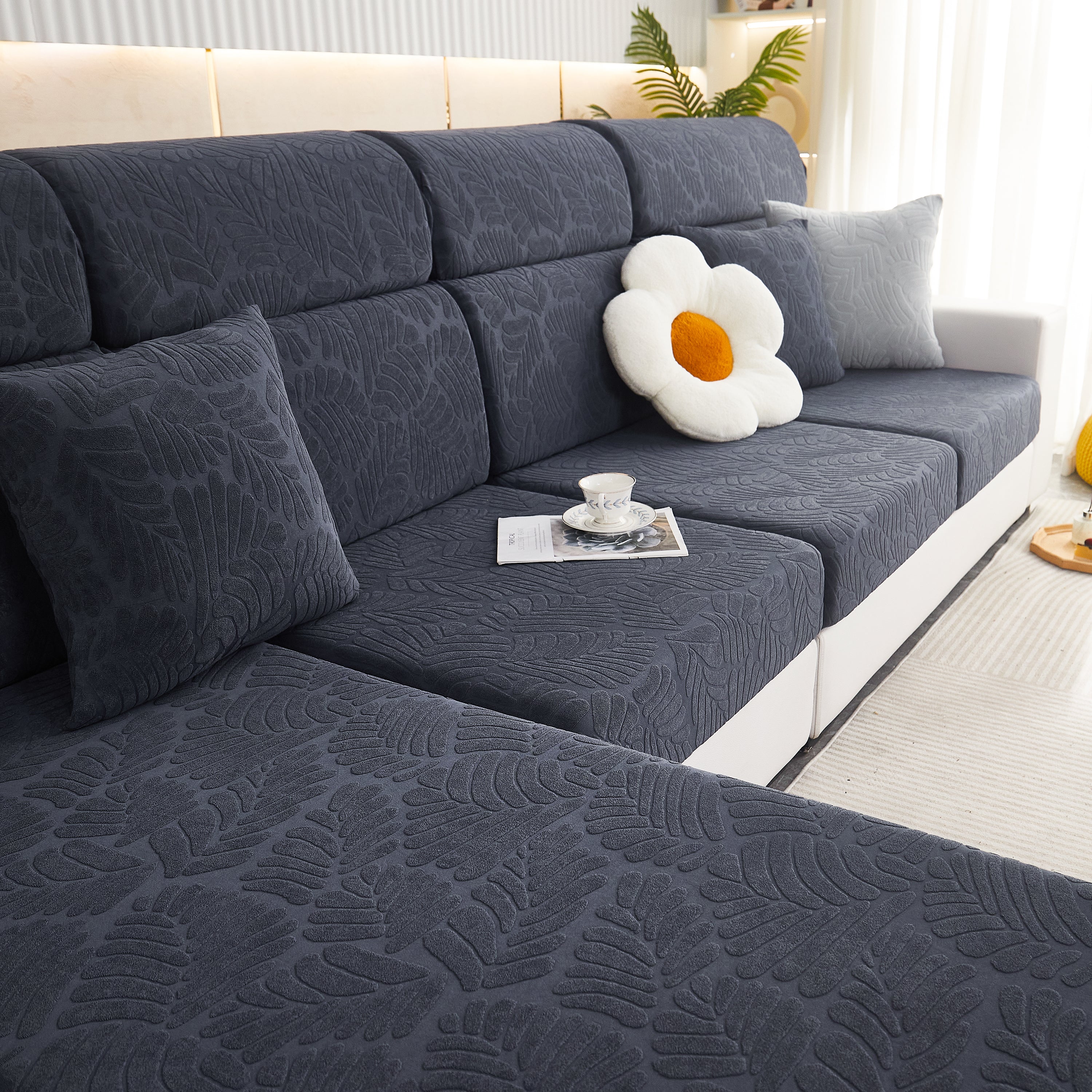 Leaf Pattern Jacquard Fabric Stretchable Cushion Cover, Non-Slip Furniture Protector for Kids, L Shaped Couch Covers - Image 45
