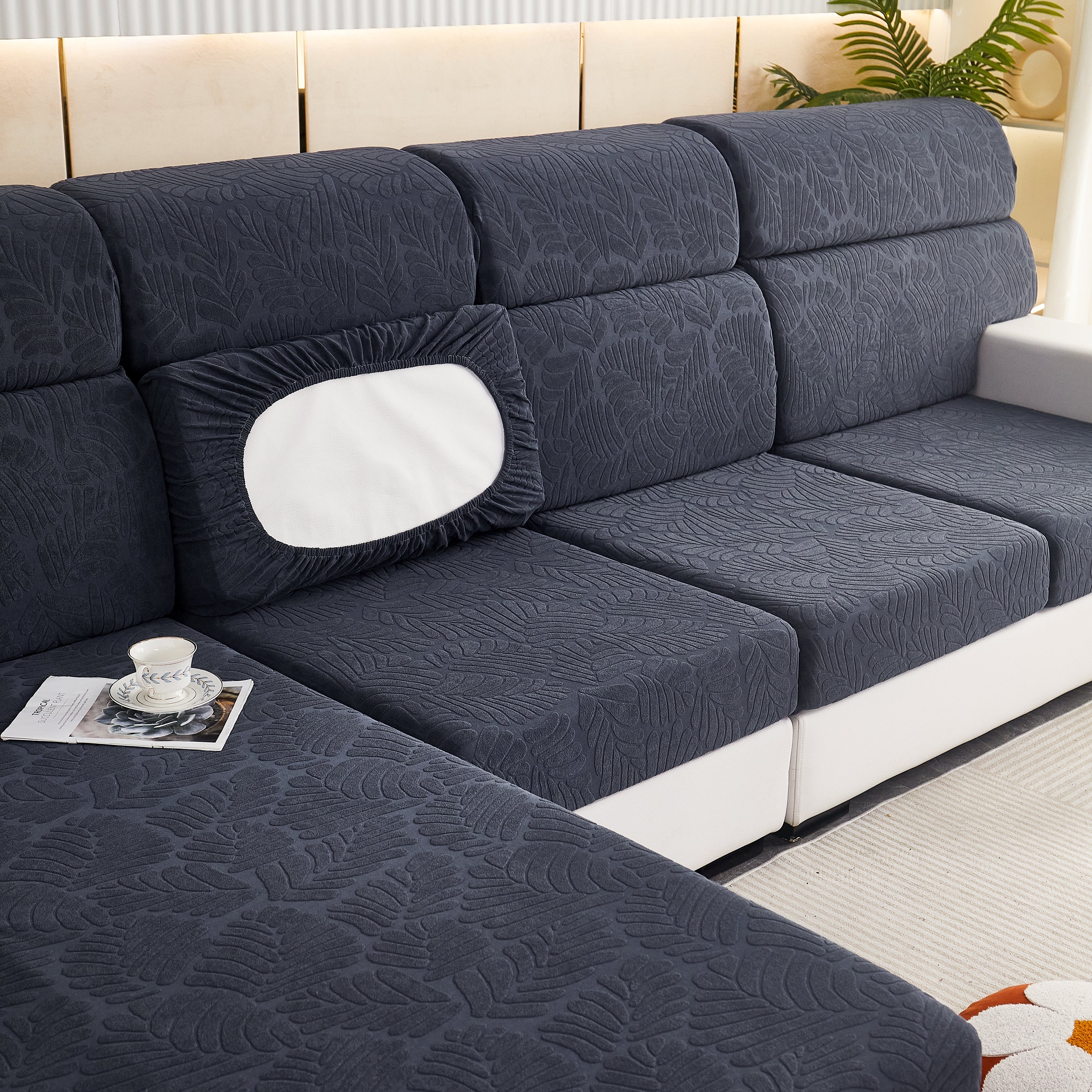 Leaf Pattern Jacquard Fabric Stretchable Cushion Cover, Non-Slip Furniture Protector for Kids, L Shaped Couch Covers - Image 47