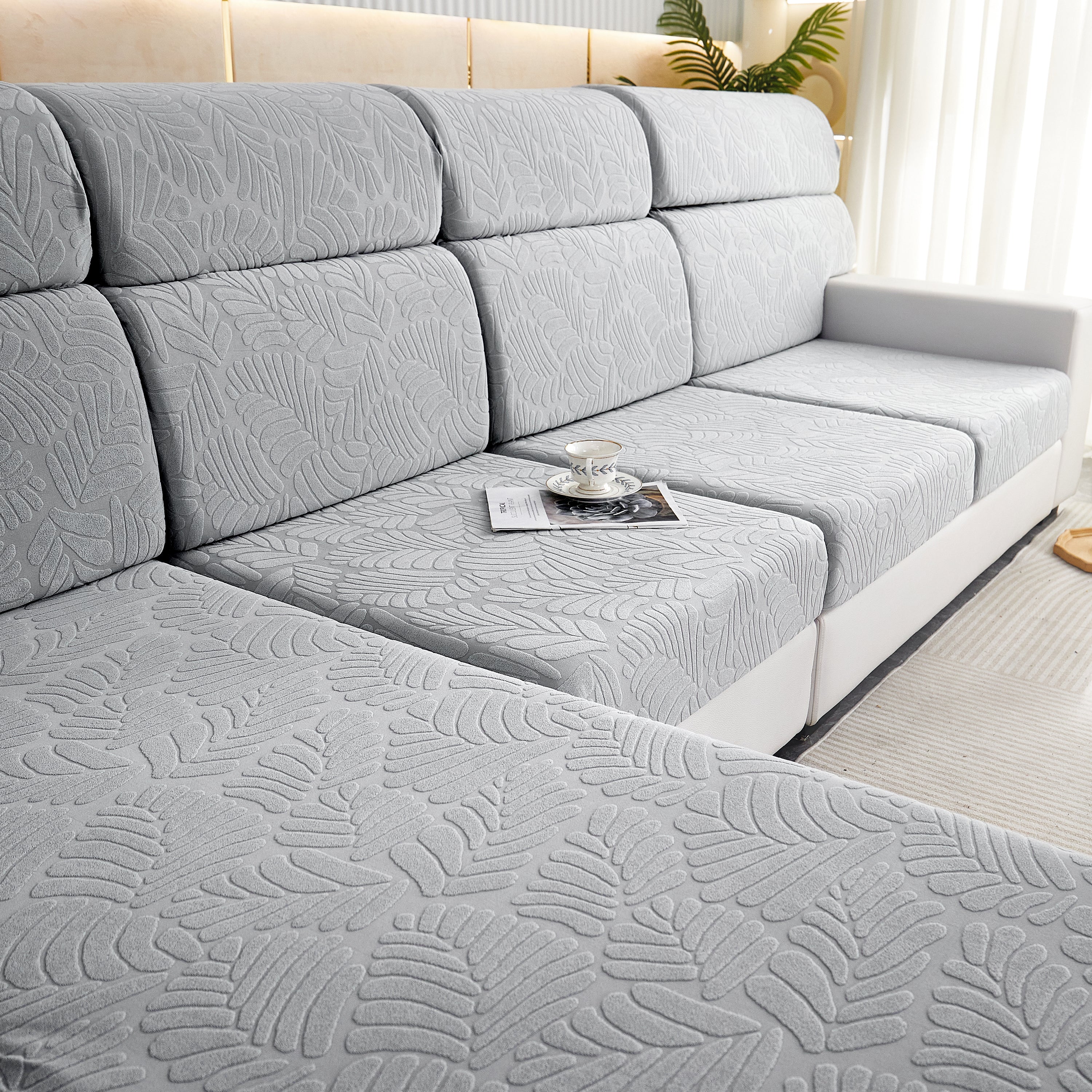 Leaf Pattern Jacquard Fabric Stretchable Cushion Cover, Non-Slip Furniture Protector for Kids, L Shaped Couch Covers - Image 48