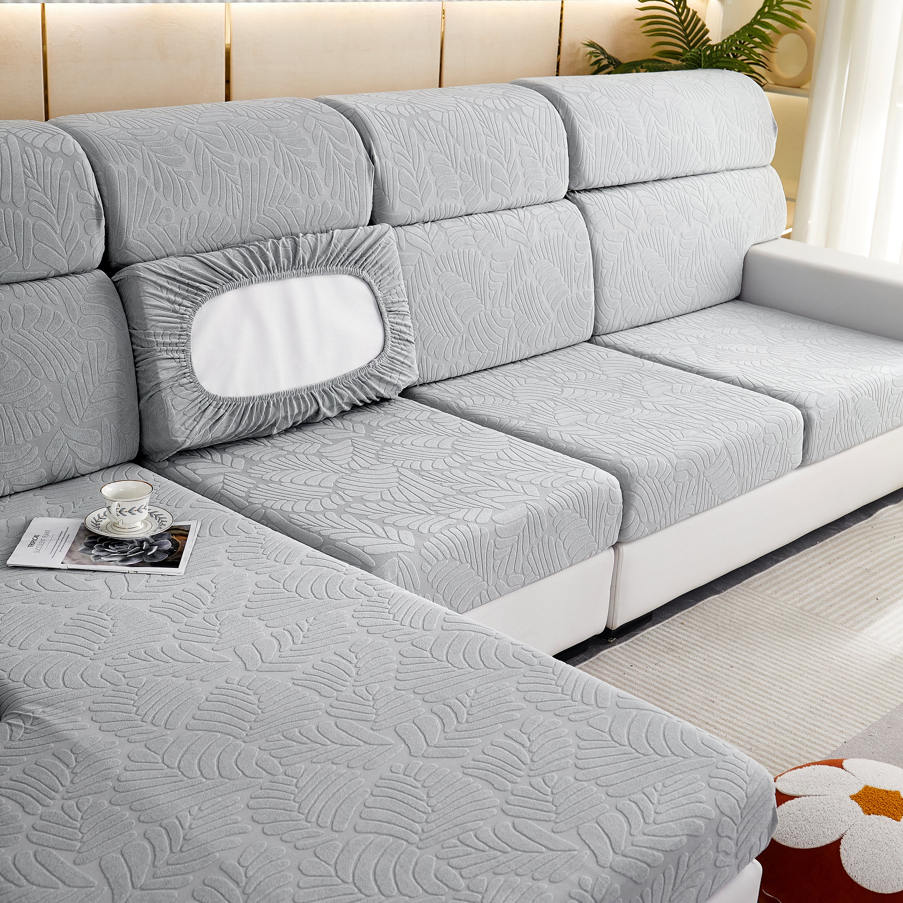 Leaf Pattern Jacquard Fabric Stretchable Cushion Cover, Non-Slip Furniture Protector for Kids, L Shaped Couch Covers - Image 49