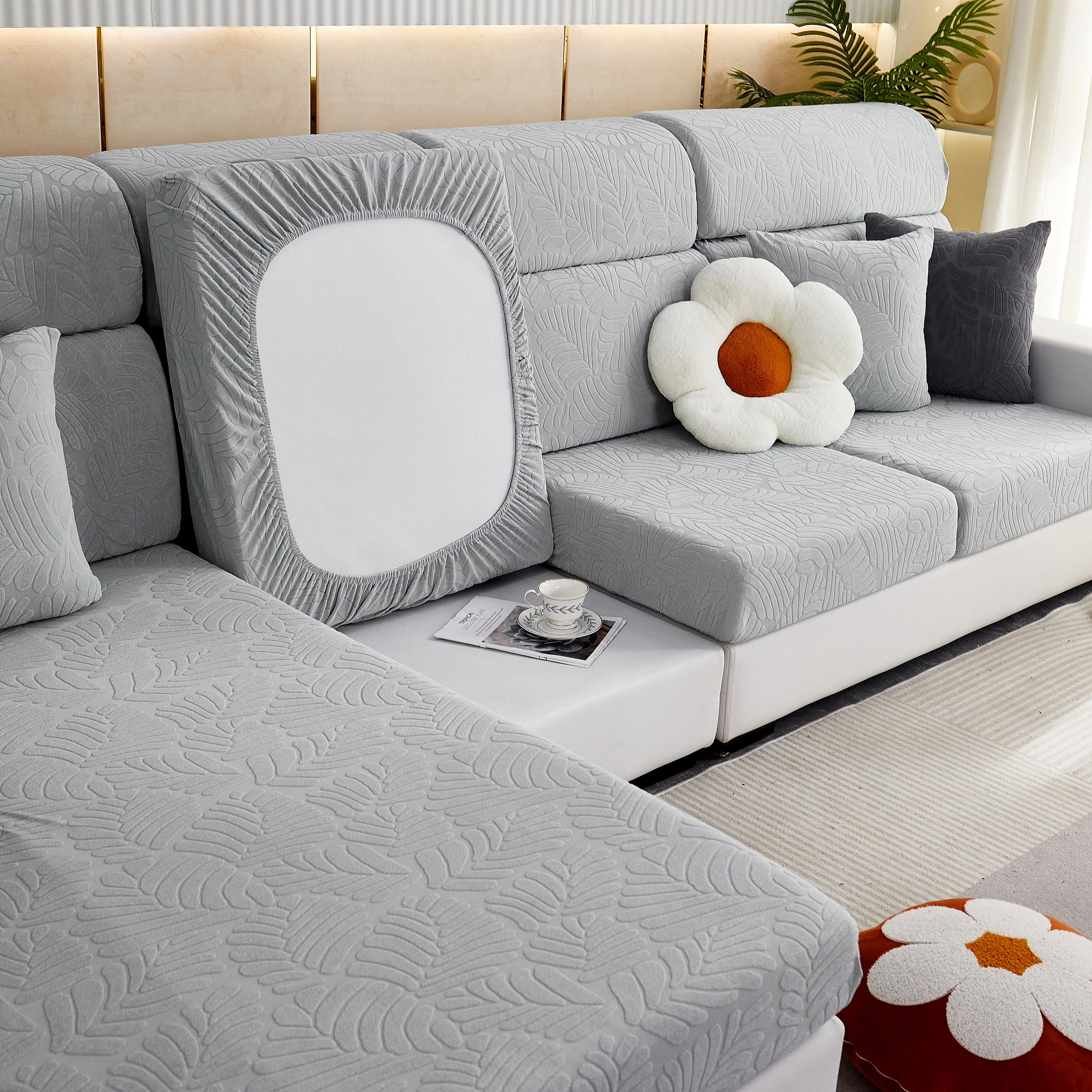 Leaf Pattern Jacquard Fabric Stretchable Cushion Cover, Non-Slip Furniture Protector for Kids, L Shaped Couch Covers - Image 50