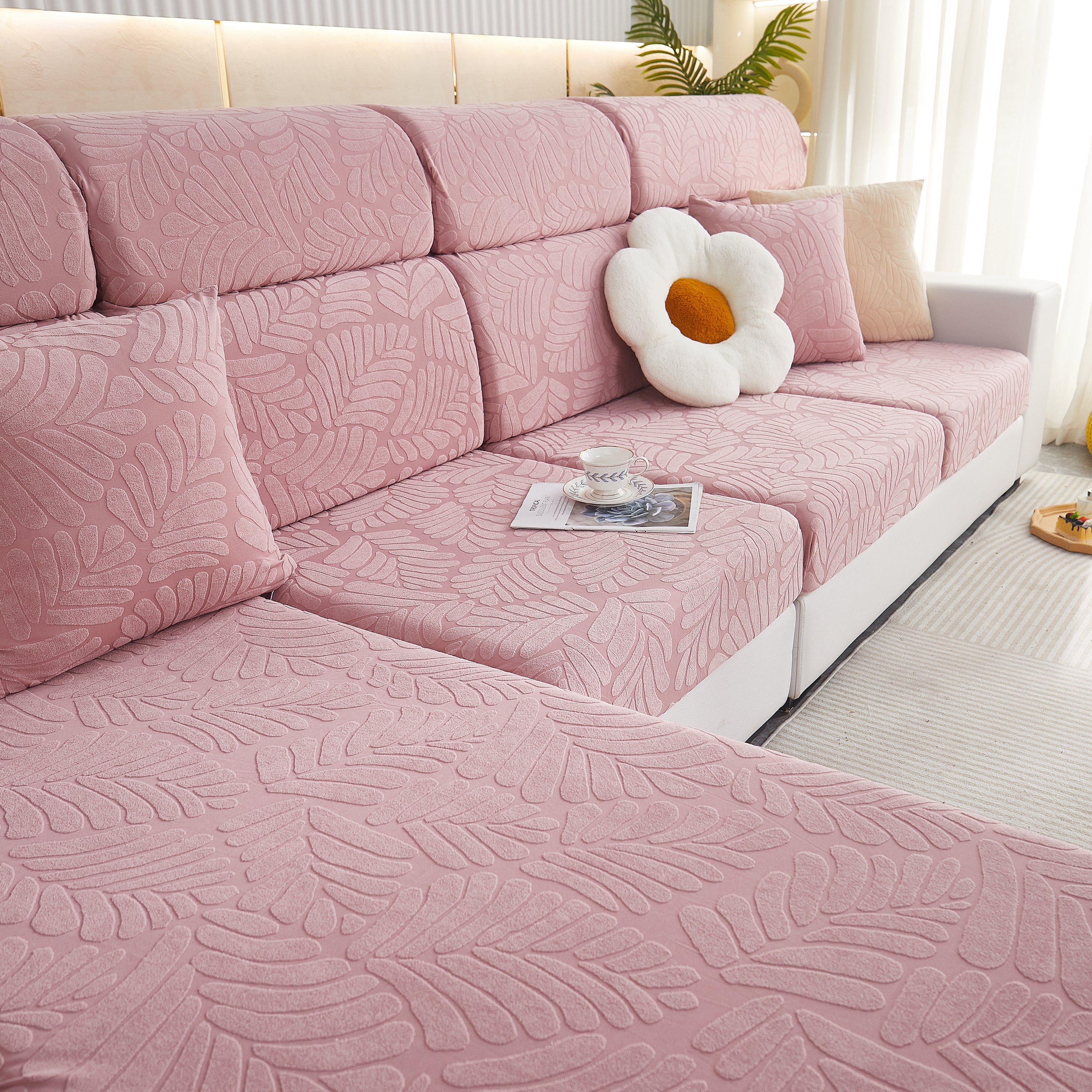 Leaf Pattern Jacquard Fabric Stretchable Cushion Cover, Non-Slip Furniture Protector for Kids, L Shaped Couch Covers - Image 52