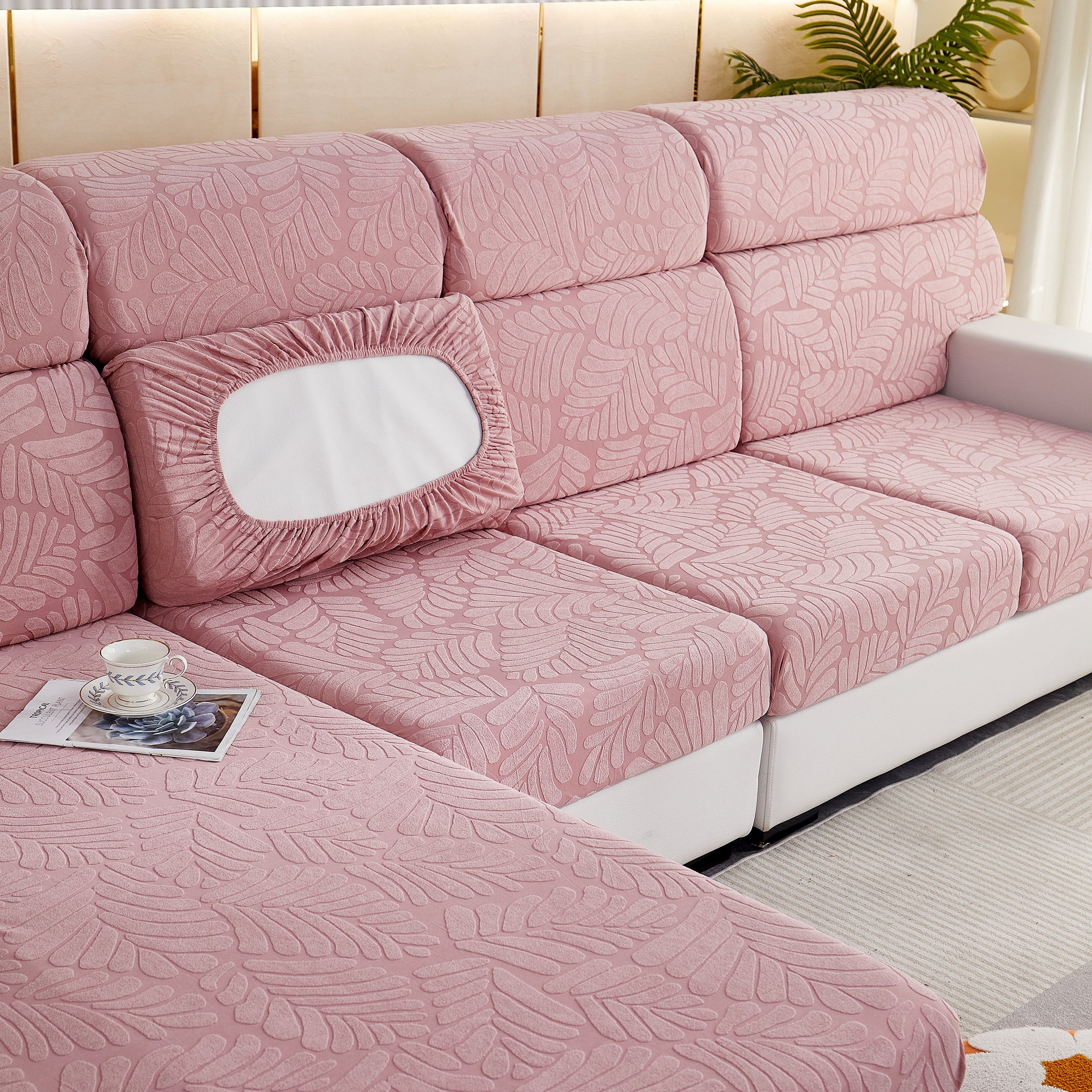 Leaf Pattern Jacquard Fabric Stretchable Cushion Cover, Non-Slip Furniture Protector for Kids, L Shaped Couch Covers - Image 53