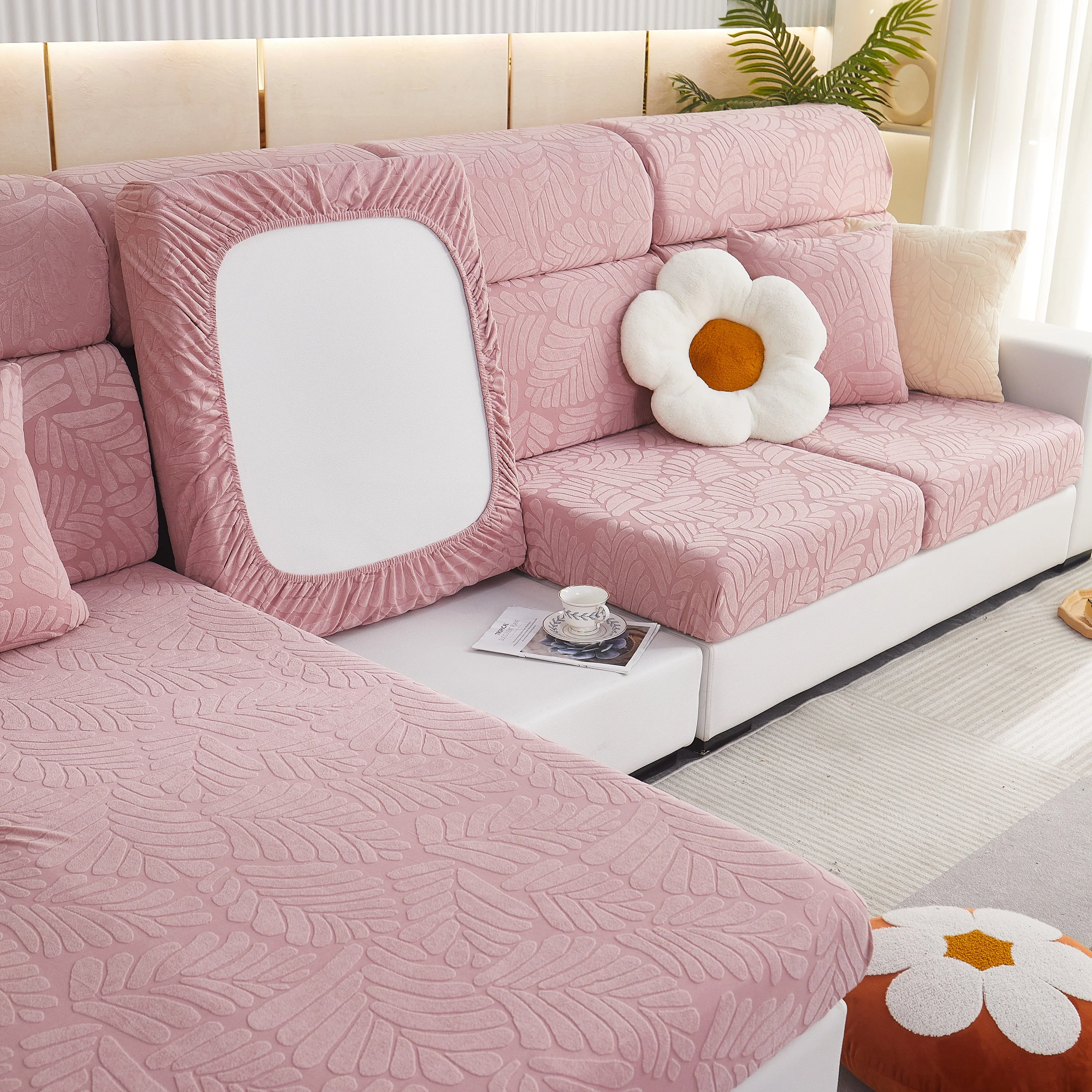 Leaf Pattern Jacquard Fabric Stretchable Cushion Cover, Non-Slip Furniture Protector for Kids, L Shaped Couch Covers - Image 54