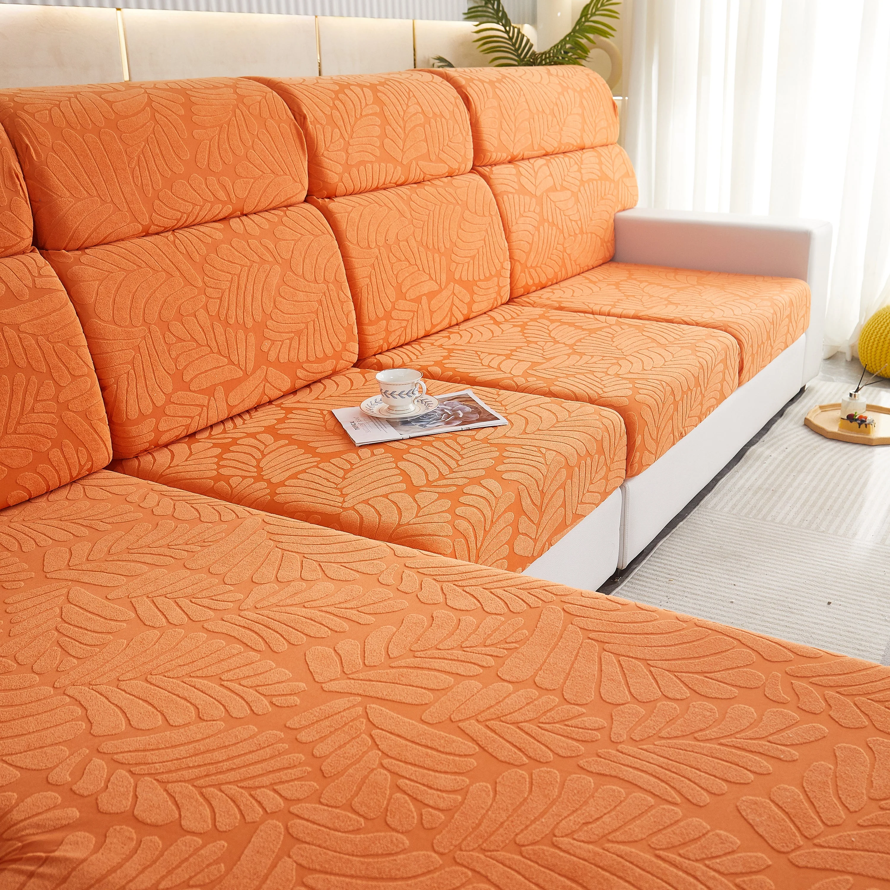 Leaf Pattern Jacquard Fabric Stretchable Cushion Cover, Non-Slip Furniture Protector for Kids, L Shaped Couch Covers - Image 56