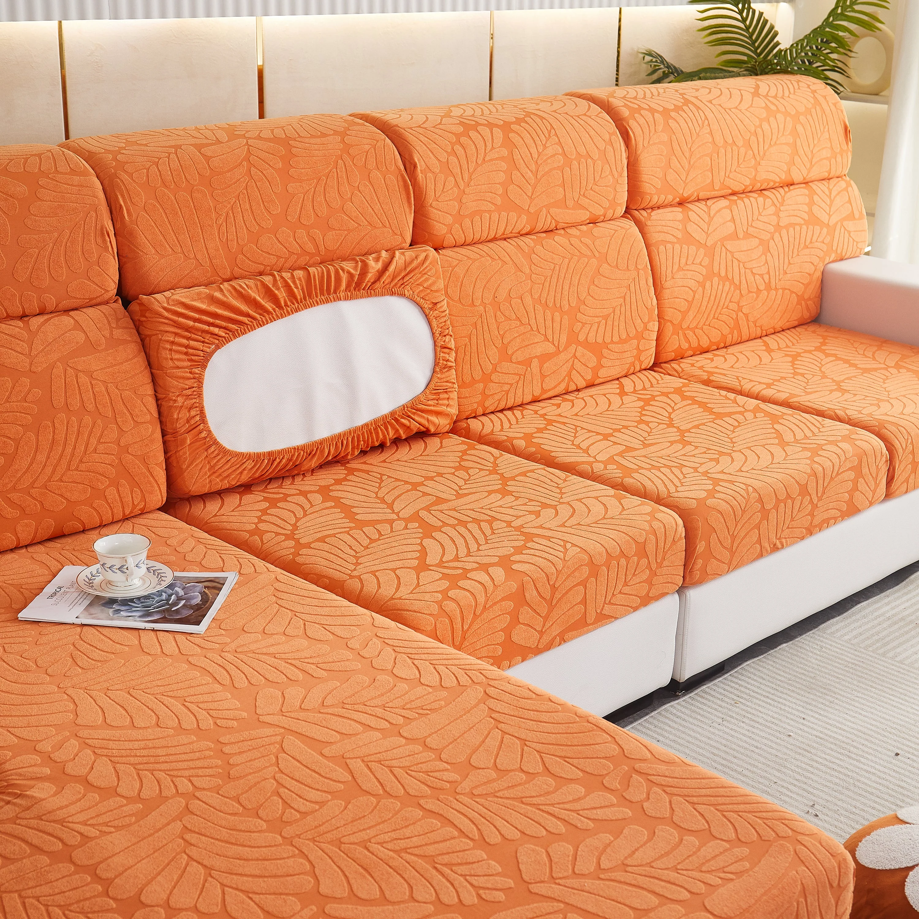 Leaf Pattern Jacquard Fabric Stretchable Cushion Cover, Non-Slip Furniture Protector for Kids, L Shaped Couch Covers - Image 57