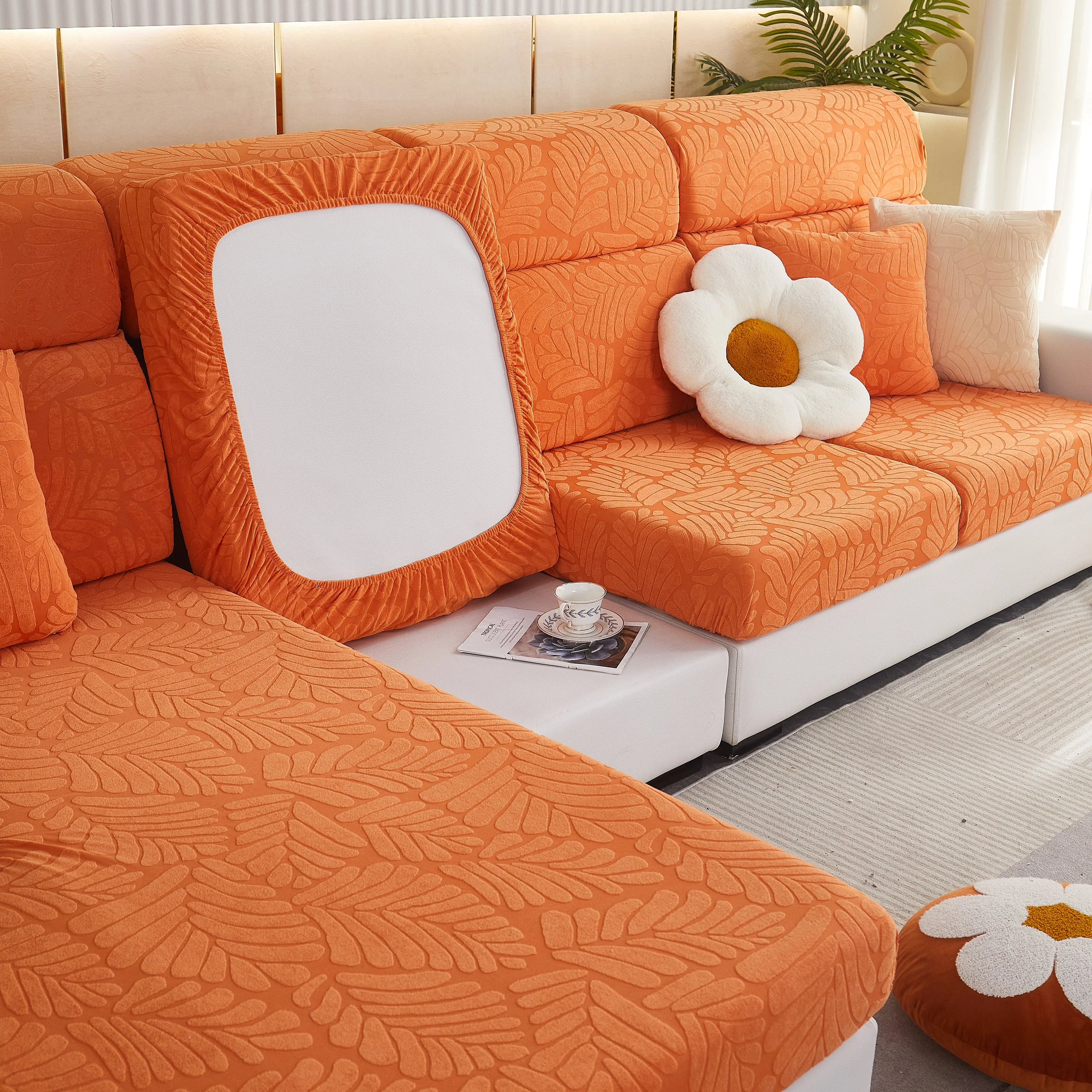 Leaf Pattern Jacquard Fabric Stretchable Cushion Cover, Non-Slip Furniture Protector for Kids, L Shaped Couch Covers - Image 58