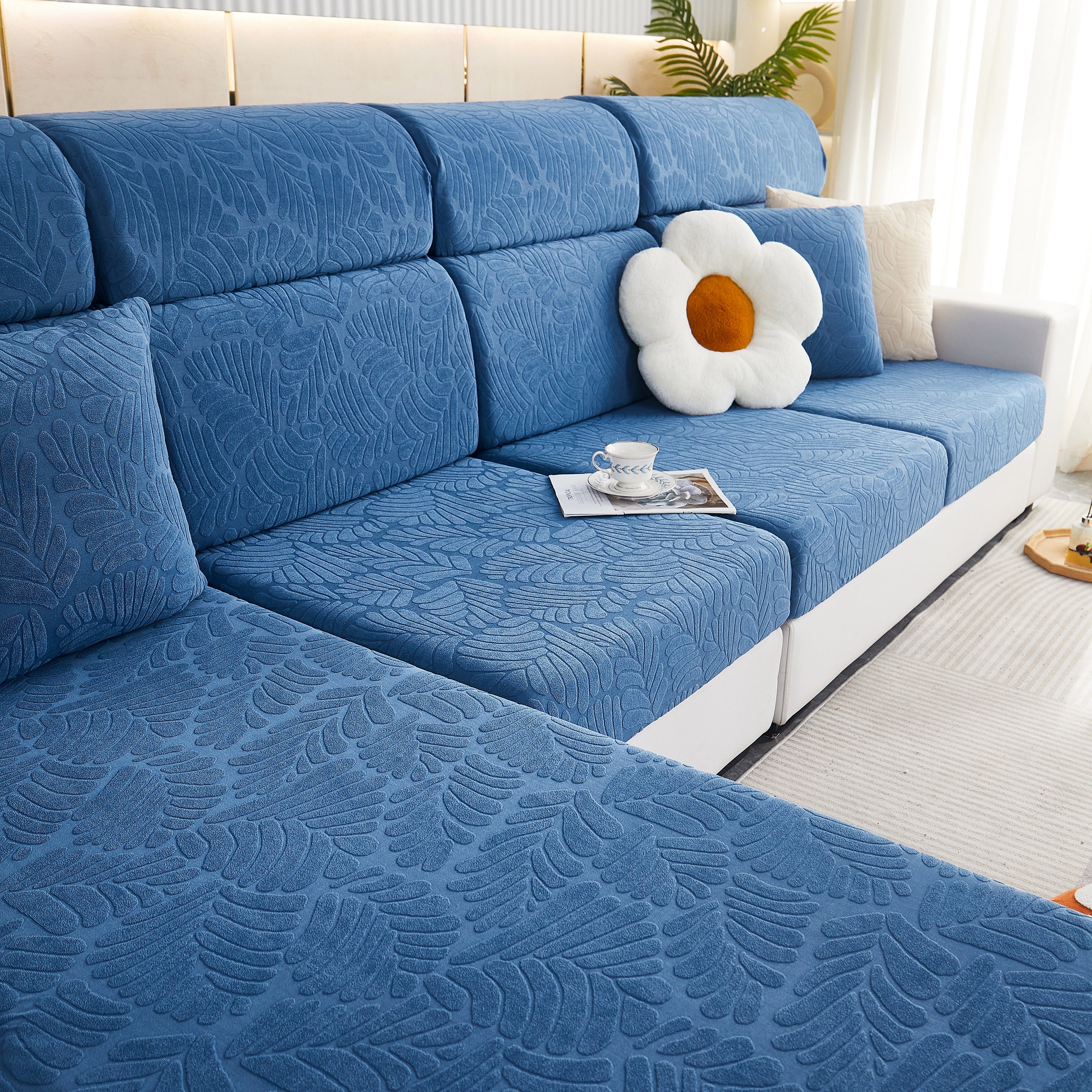 Leaf Pattern Jacquard Fabric Stretchable Cushion Cover, Non-Slip Furniture Protector for Kids, L Shaped Couch Covers - Image 59